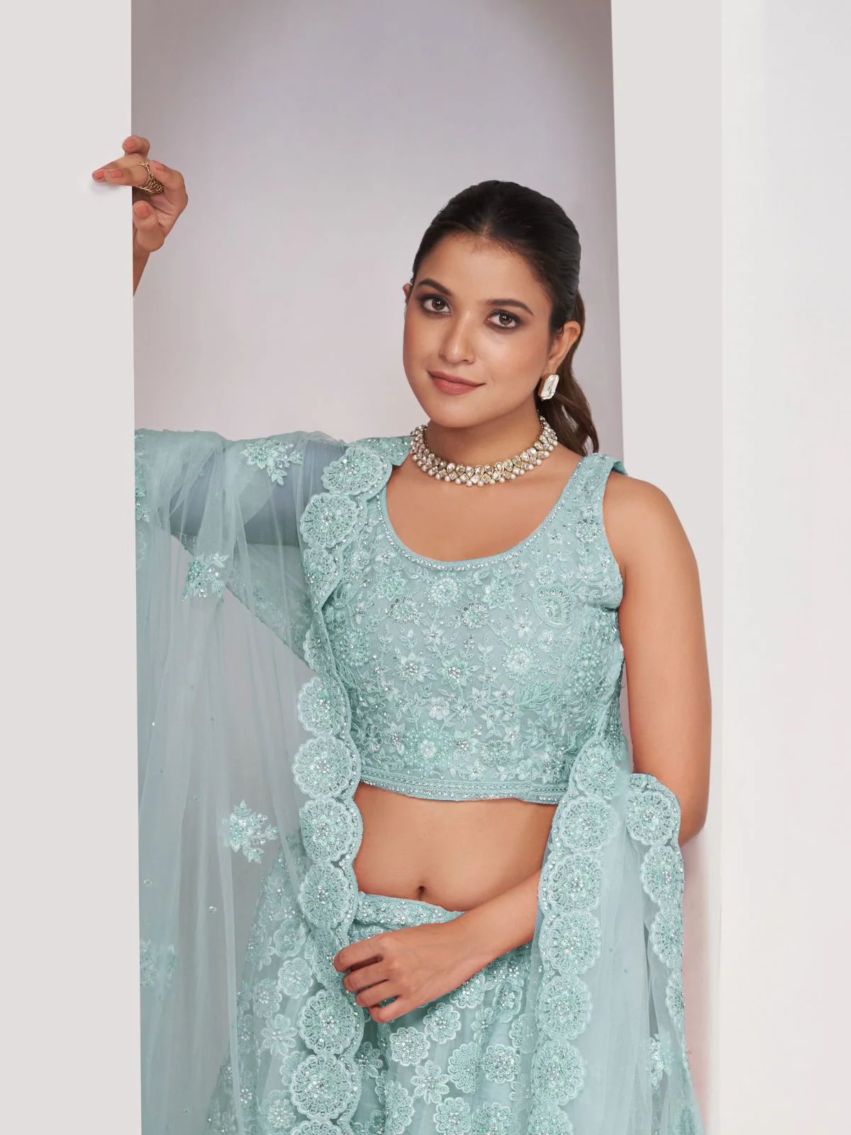 Odette Sky Blue Soft Net Embroidered Semi Stitched Lehenga With Unstitched Blouse For Women - Image 3