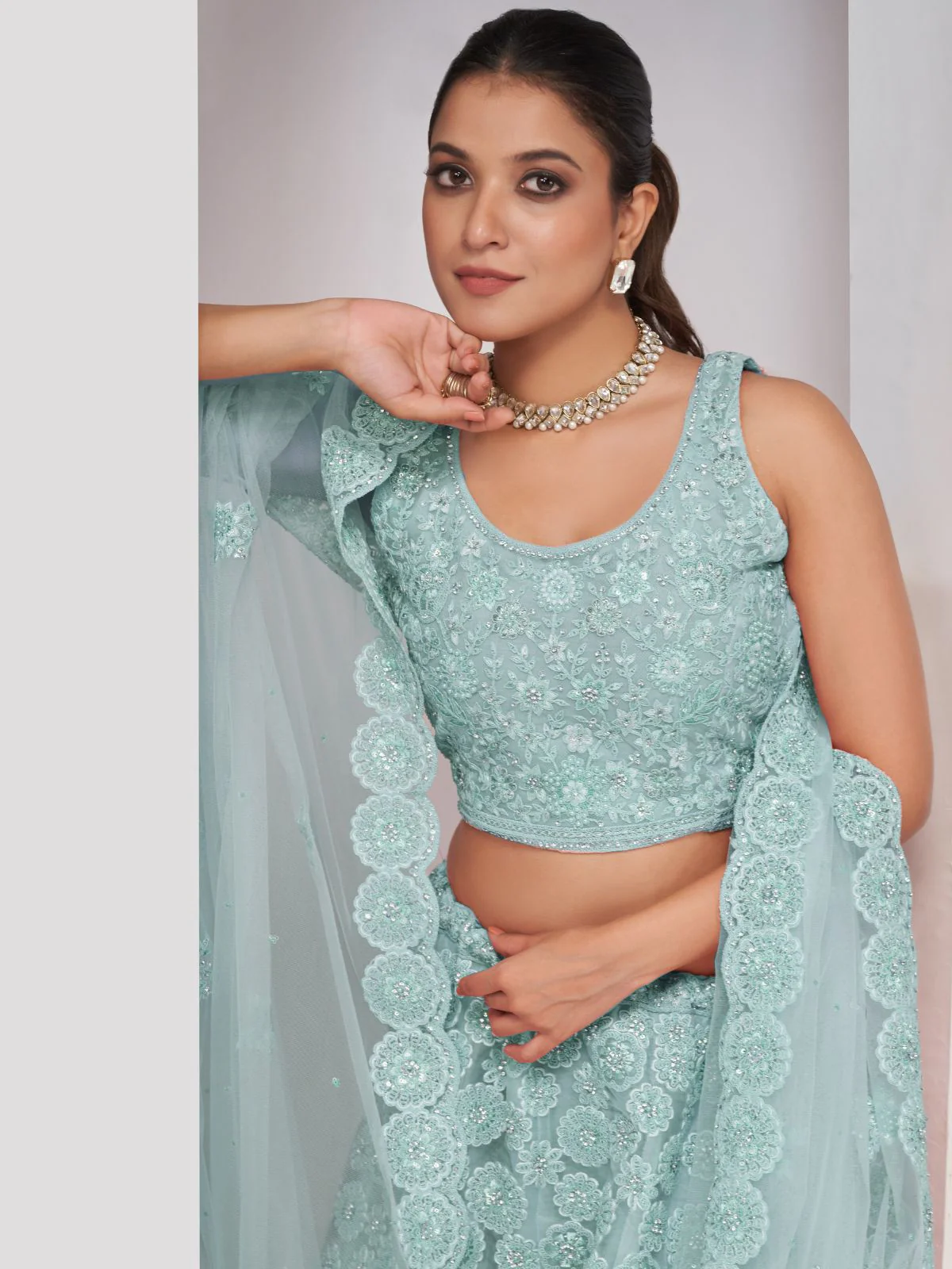 Odette Sky Blue Soft Net Embroidered Semi Stitched Lehenga With Unstitched Blouse For Women - Image 4