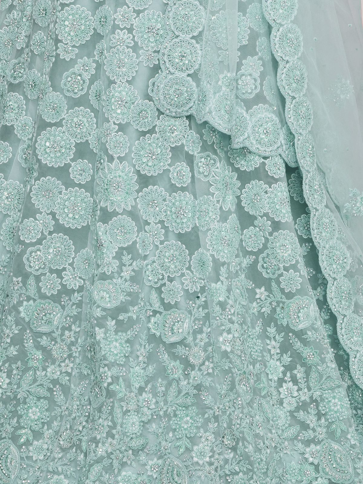 Odette Sky Blue Soft Net Embroidered Semi Stitched Lehenga With Unstitched Blouse For Women - Image 6