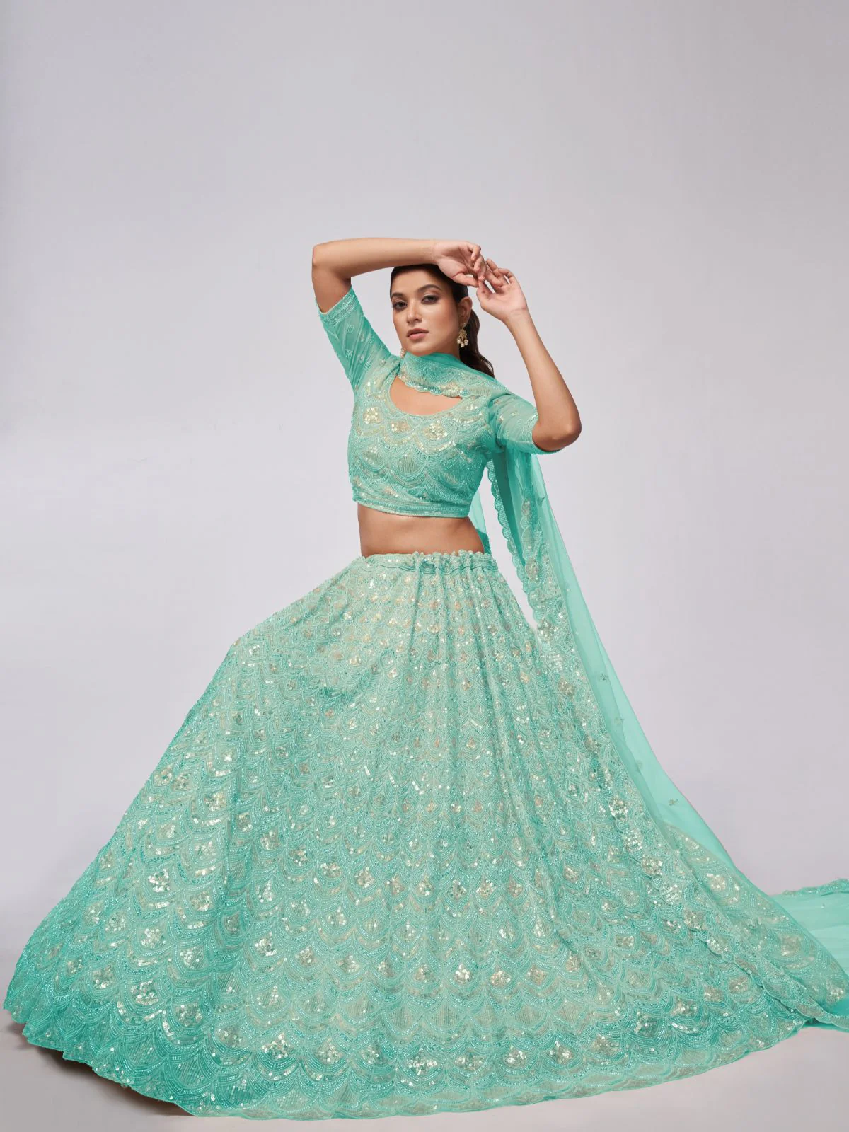 Odette Sky Blue Soft Net Embroidered Semi Stitched Lehenga With Unstitched Blouse For Women - Image 2