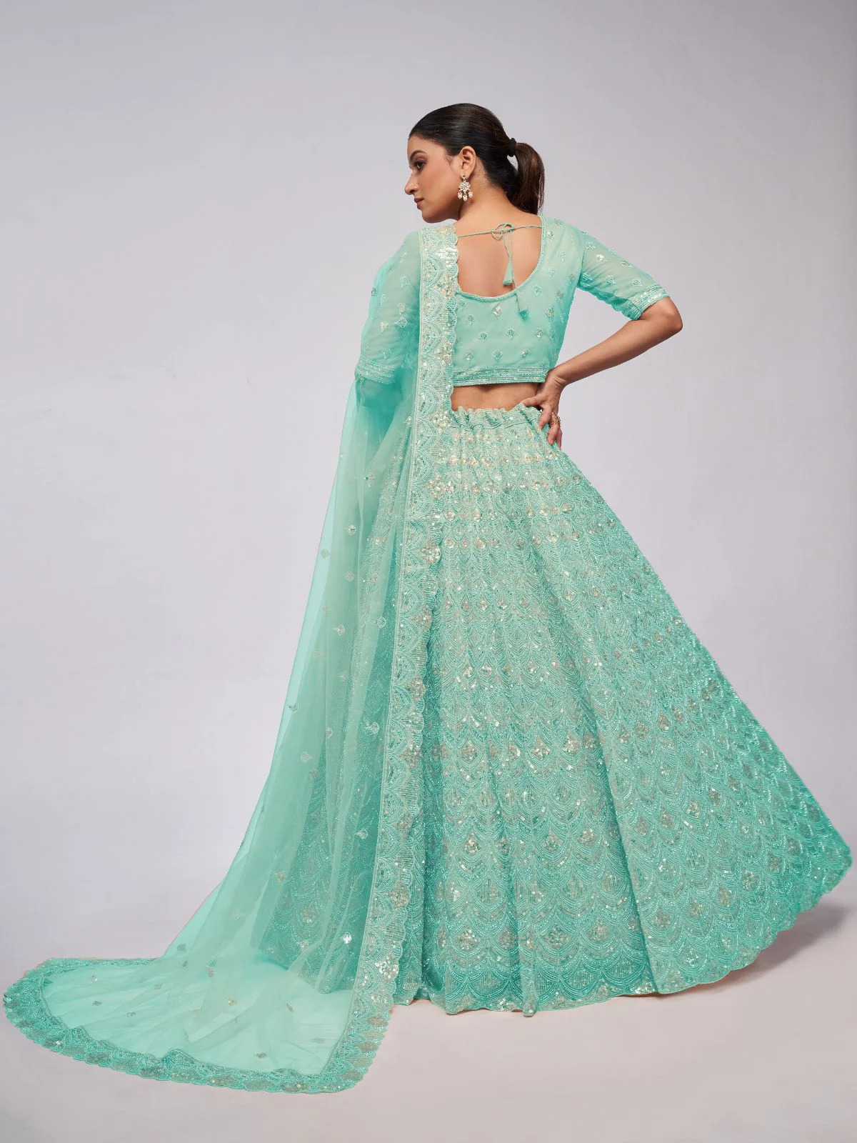 Odette Sky Blue Soft Net Embroidered Semi Stitched Lehenga With Unstitched Blouse For Women - Image 5