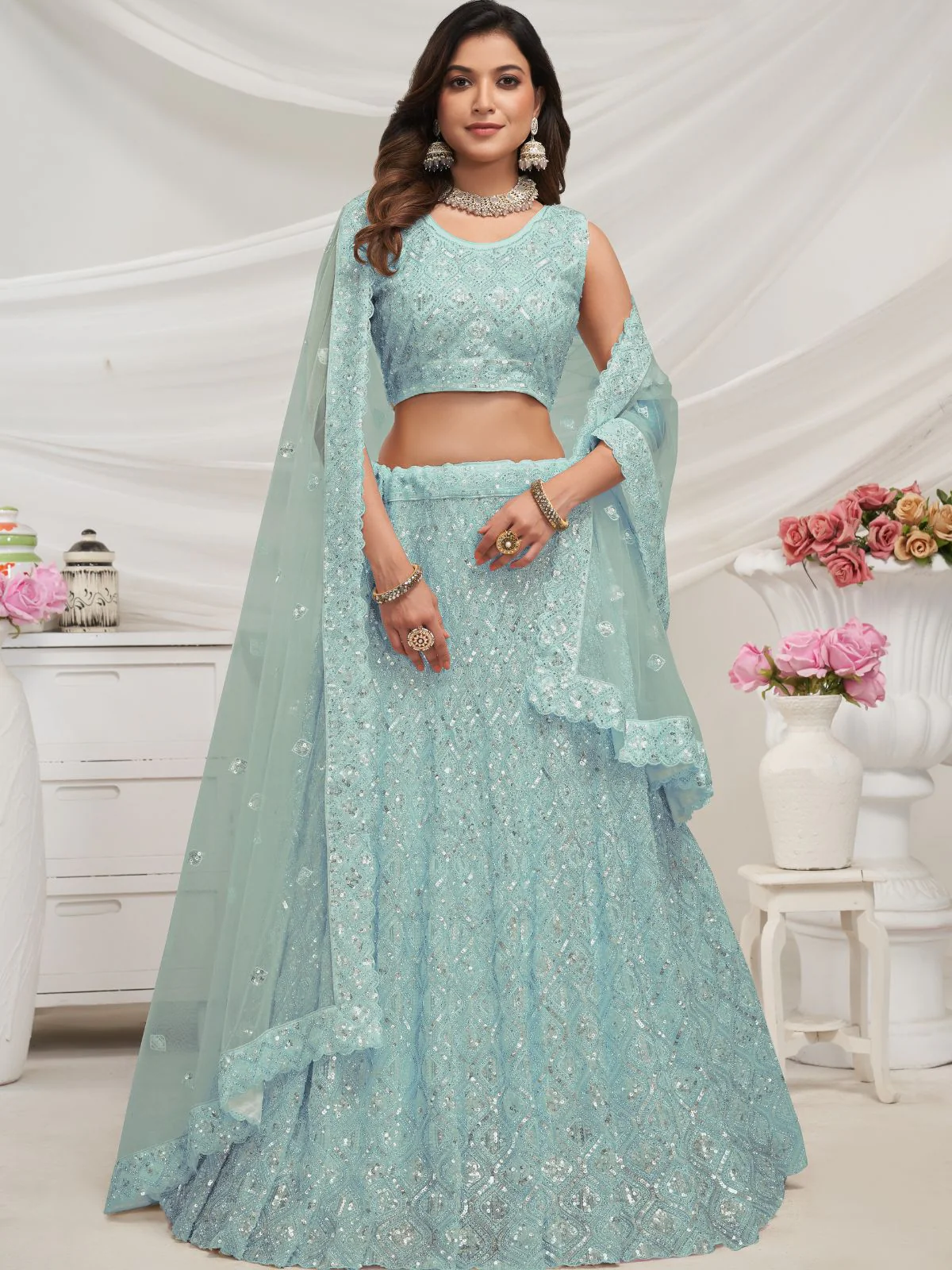 Odette Sky Blue Soft Net Embroidered Semi Stitched Lehenga With Unstitched Blouse For Women - Image 2