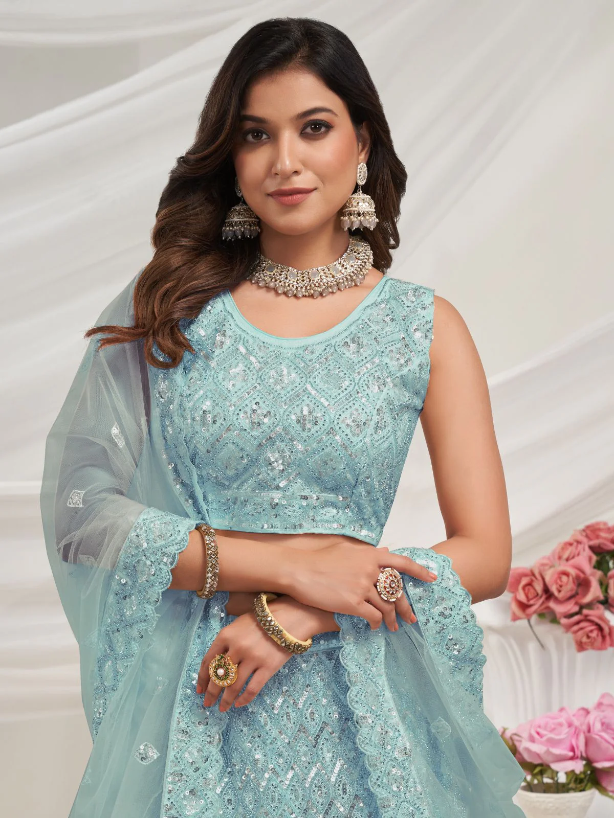 Odette Sky Blue Soft Net Embroidered Semi Stitched Lehenga With Unstitched Blouse For Women - Image 4