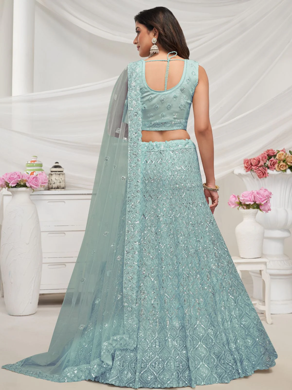 Odette Sky Blue Soft Net Embroidered Semi Stitched Lehenga With Unstitched Blouse For Women - Image 5