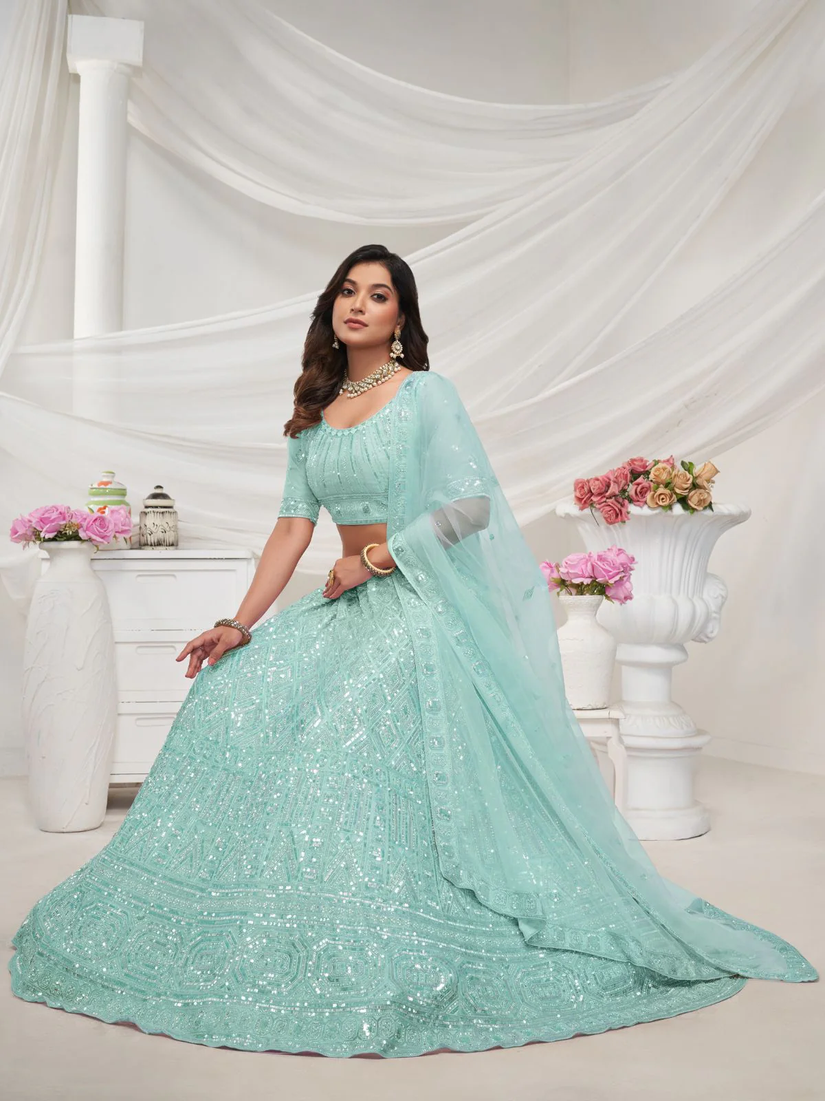 Odette Sky Blue Soft Net Embroidered Semi Stitched Lehenga With Unstitched Blouse For Women - Image 2