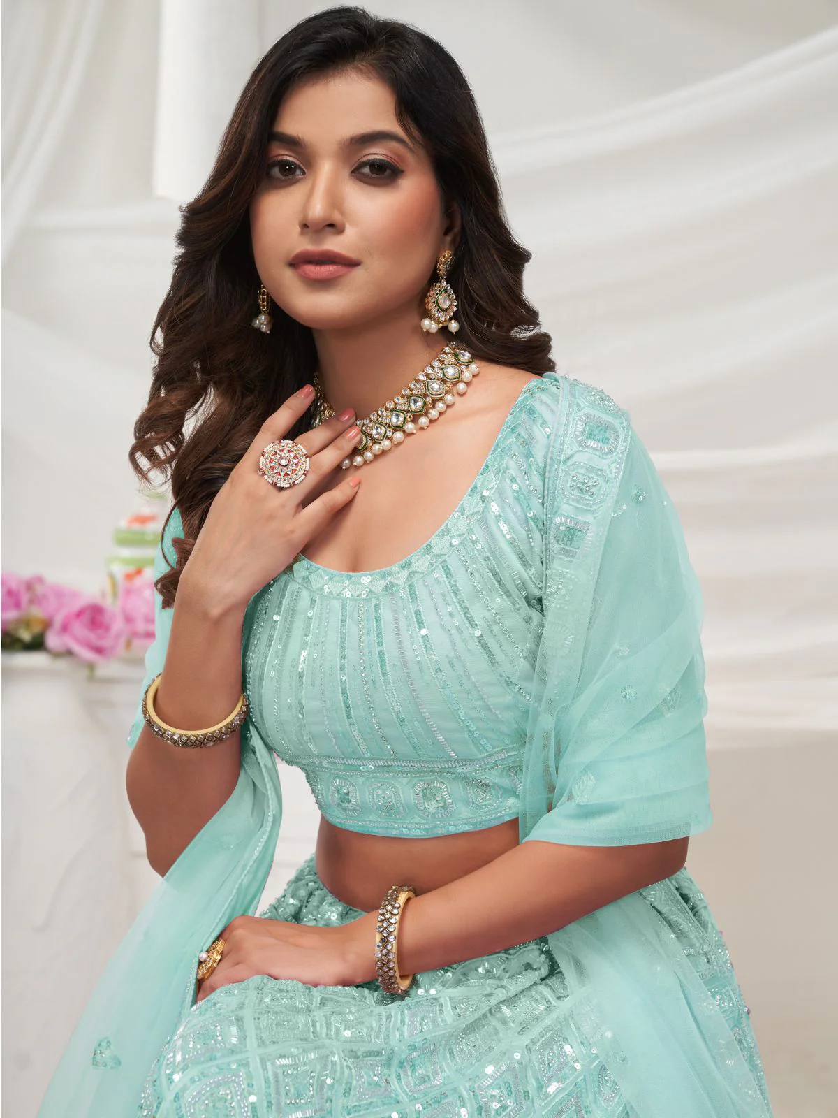 Odette Sky Blue Soft Net Embroidered Semi Stitched Lehenga With Unstitched Blouse For Women - Image 4