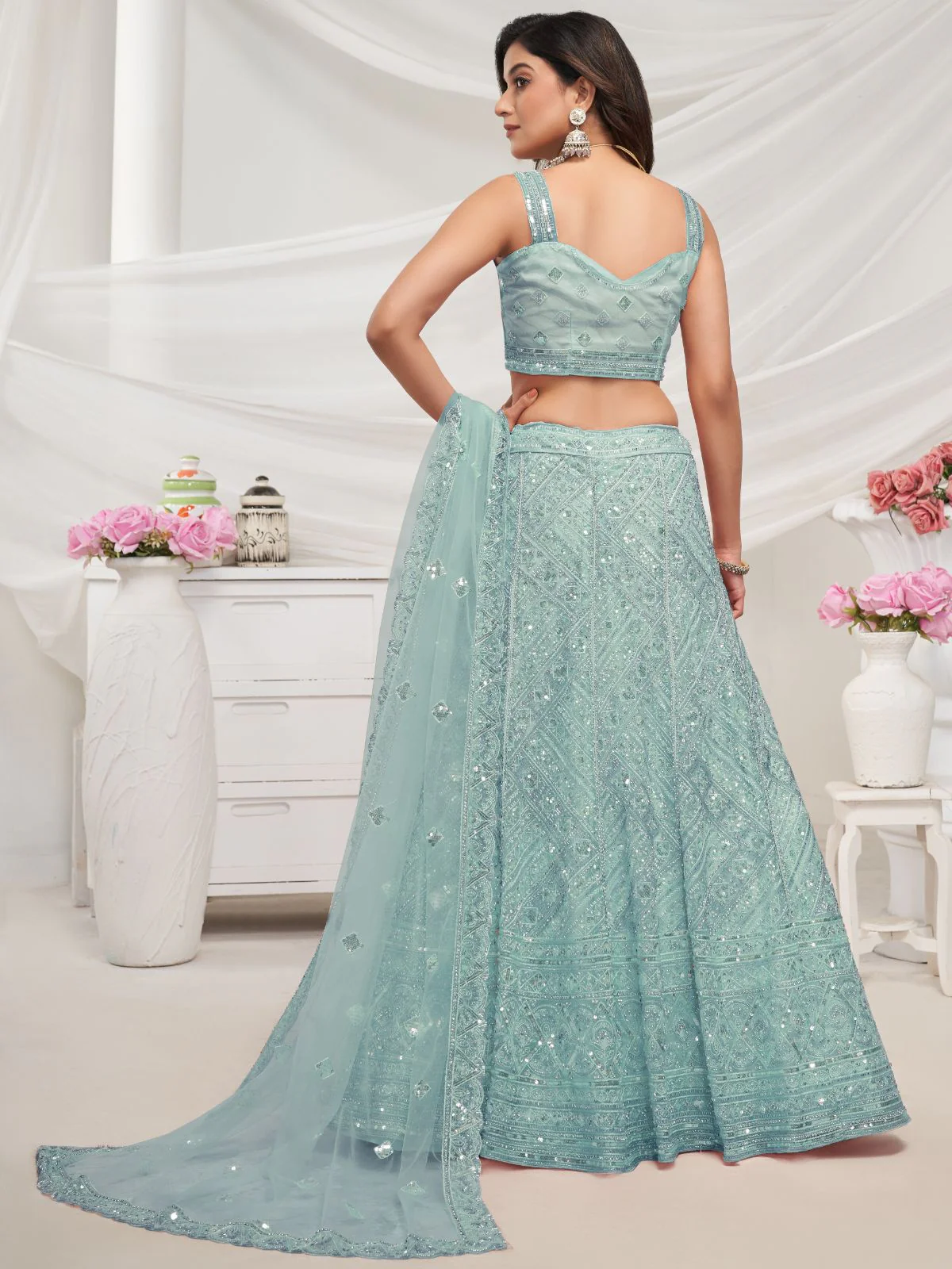 Odette Sky Blue Soft Net Embroidered Semi Stitched Lehenga With Unstitched Blouse For Women - Image 5