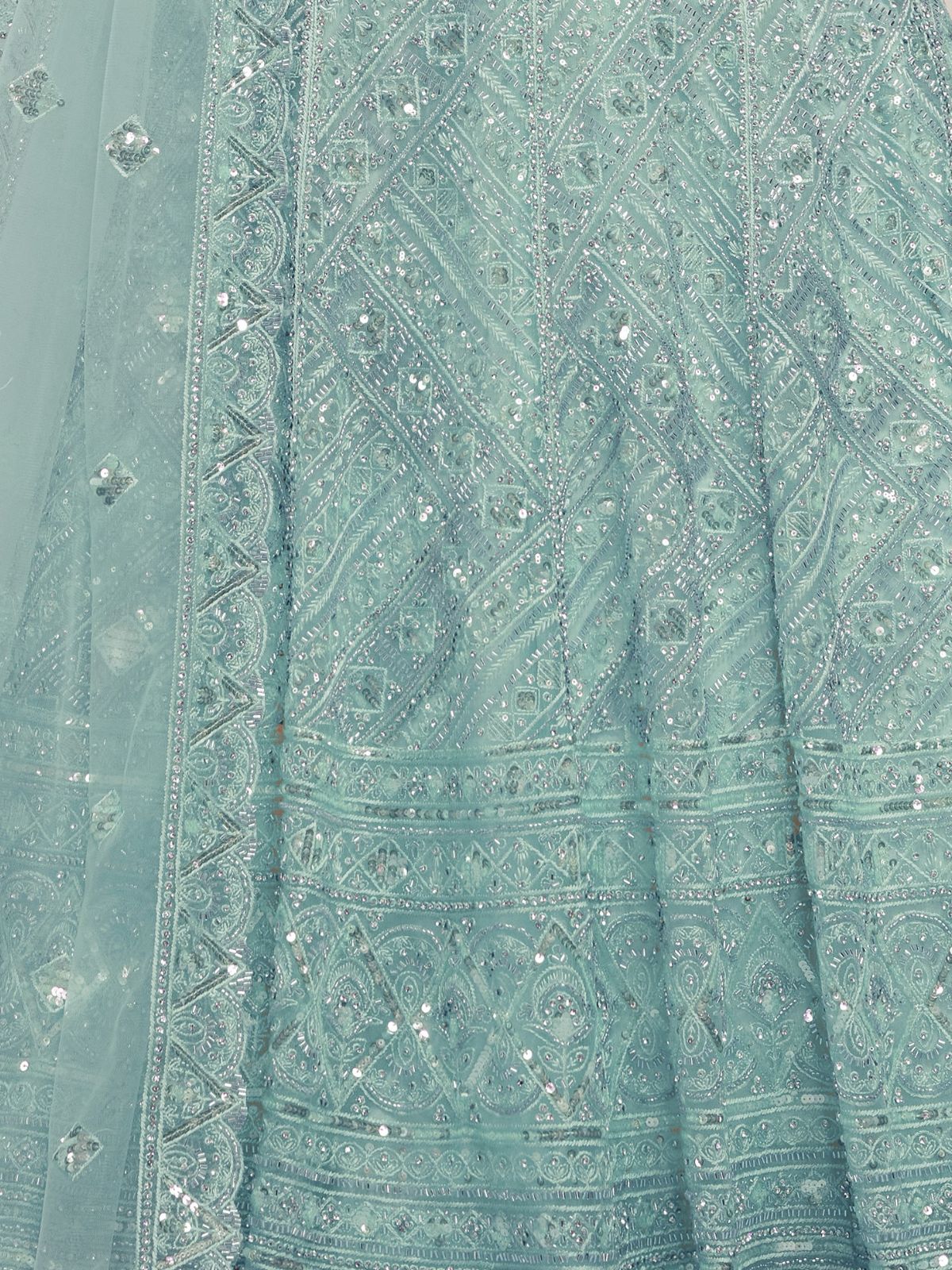 Odette Sky Blue Soft Net Embroidered Semi Stitched Lehenga With Unstitched Blouse For Women - Image 6