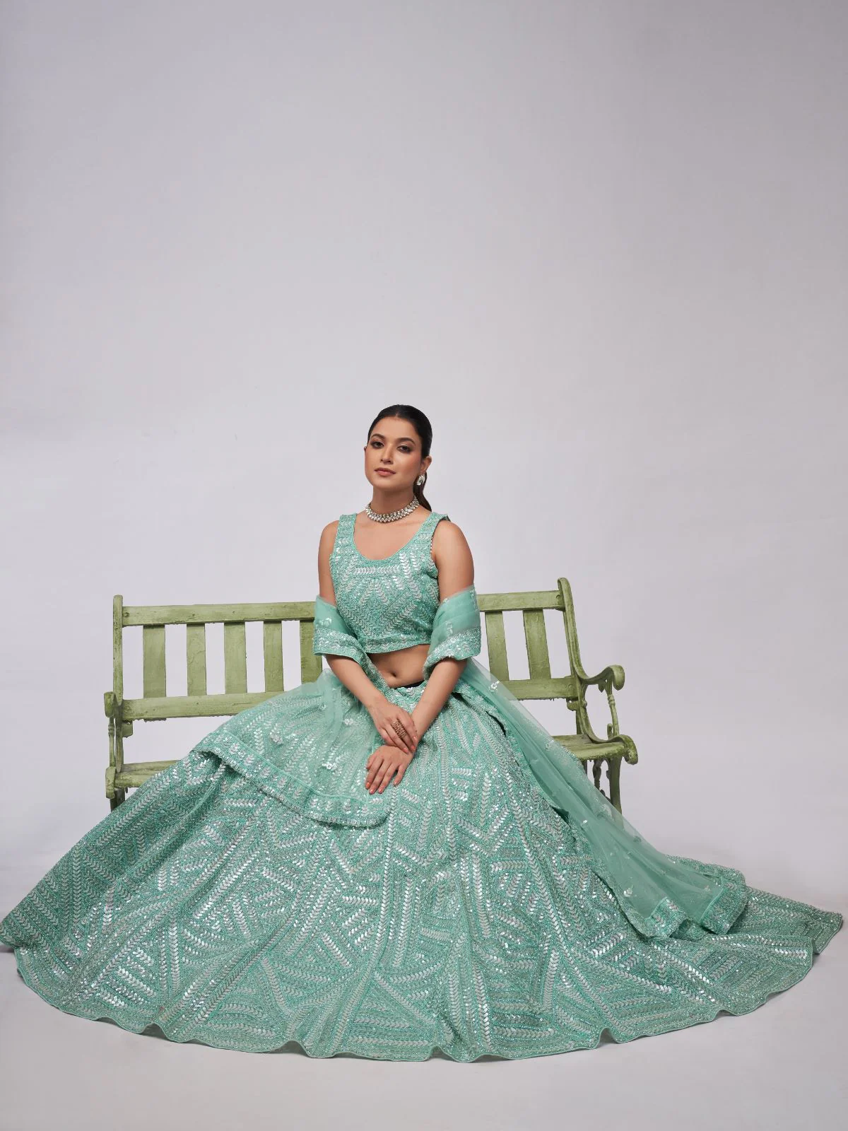 Odette Sky Blue Soft Net Embroidered Semi Stitched Lehenga With Unstitched Blouse For Women - Image 2