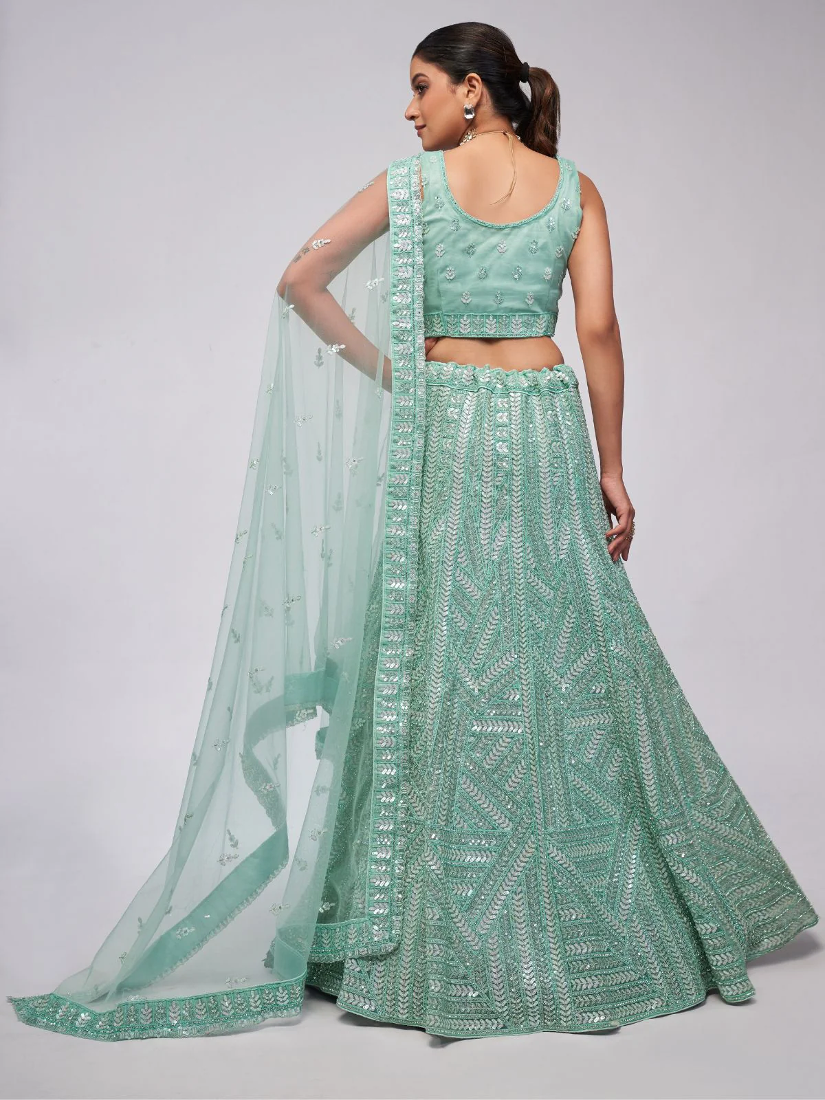 Odette Sky Blue Soft Net Embroidered Semi Stitched Lehenga With Unstitched Blouse For Women - Image 5
