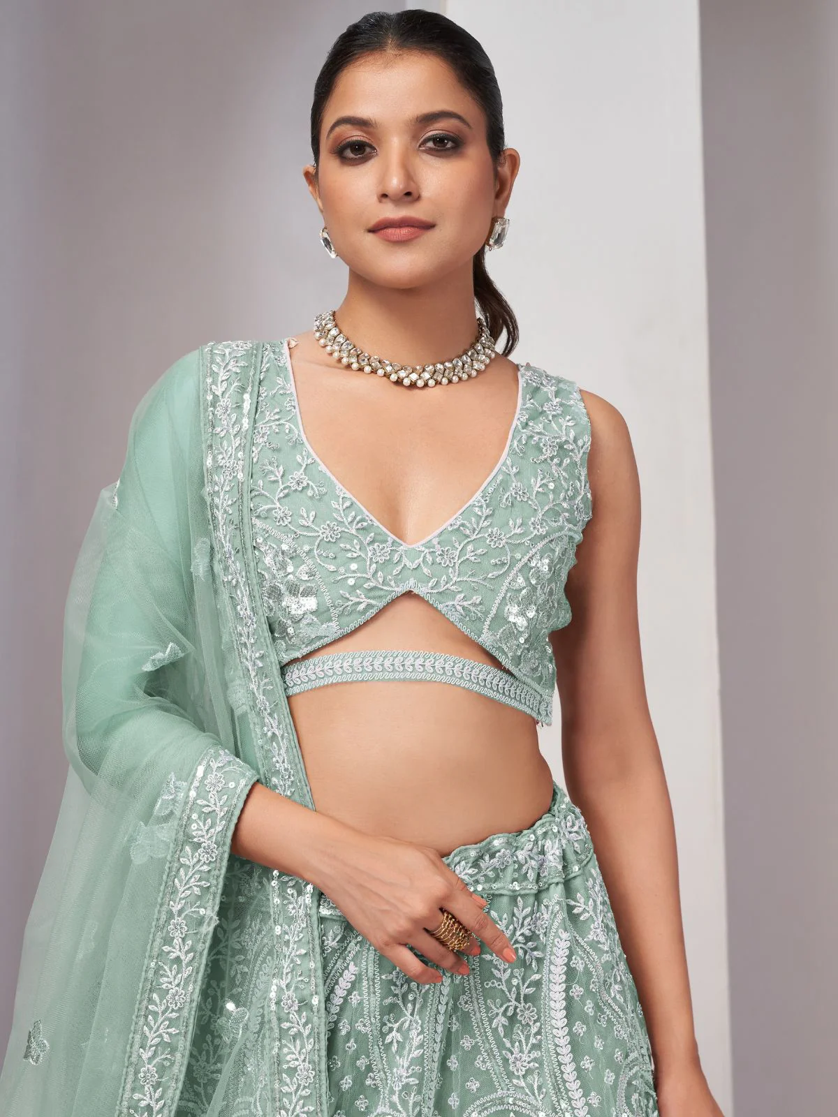Odette Sky Blue Soft Net Embroidered Semi Stitched Lehenga With Unstitched Blouse For Women - Image 4