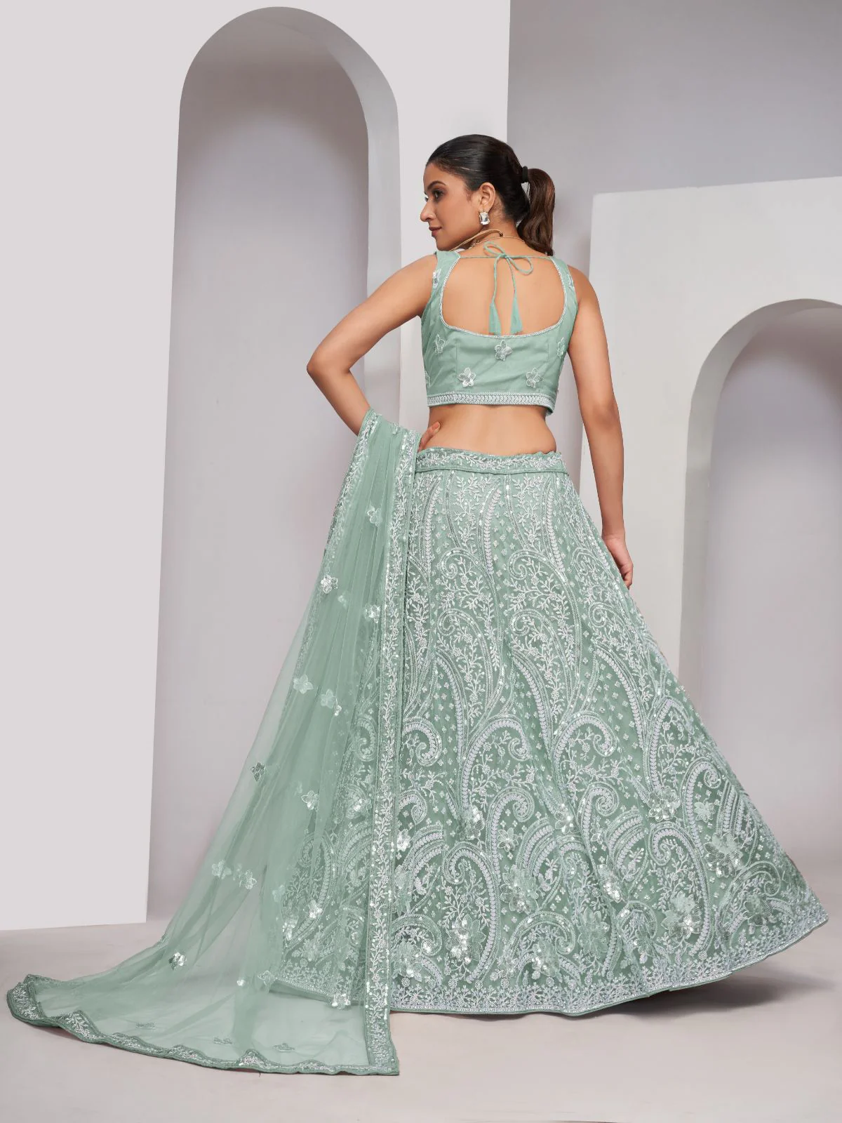 Odette Sky Blue Soft Net Embroidered Semi Stitched Lehenga With Unstitched Blouse For Women - Image 5