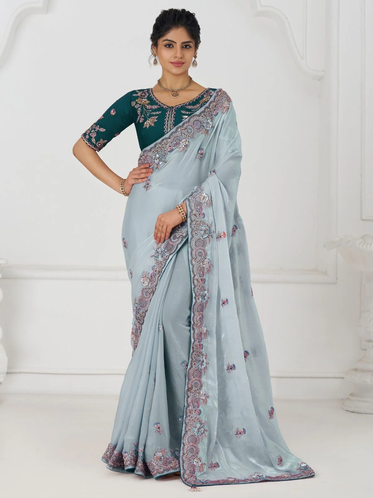 Odette Sky Blue Viscose Silk Embroidered Saree For Women - Image 2