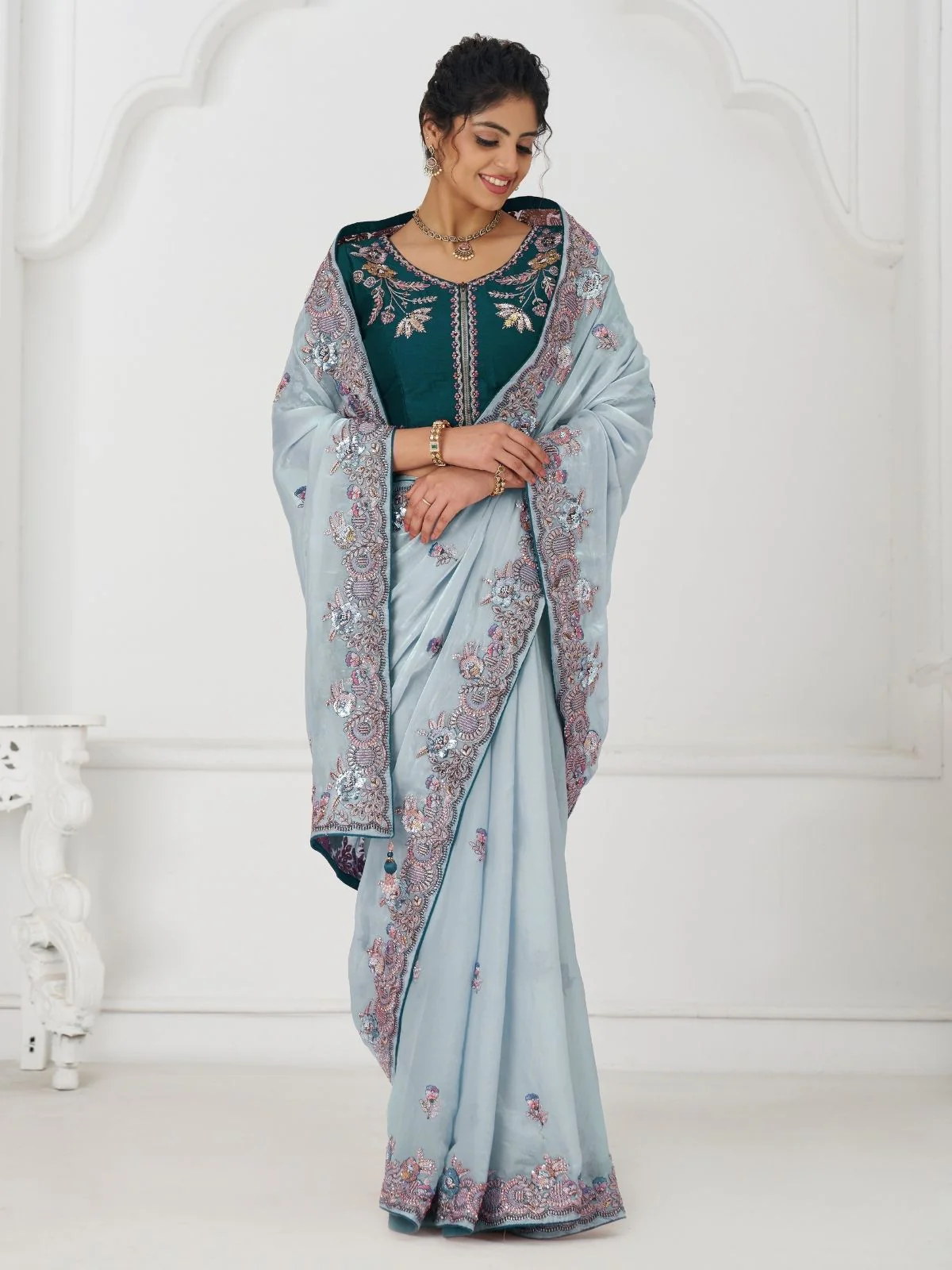 Odette Sky Blue Viscose Silk Embroidered Saree For Women - Image 3
