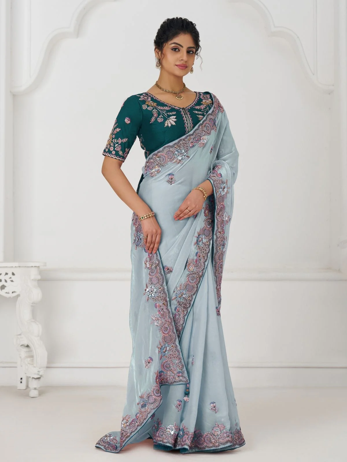 Odette Sky Blue Viscose Silk Embroidered Saree For Women - Image 4