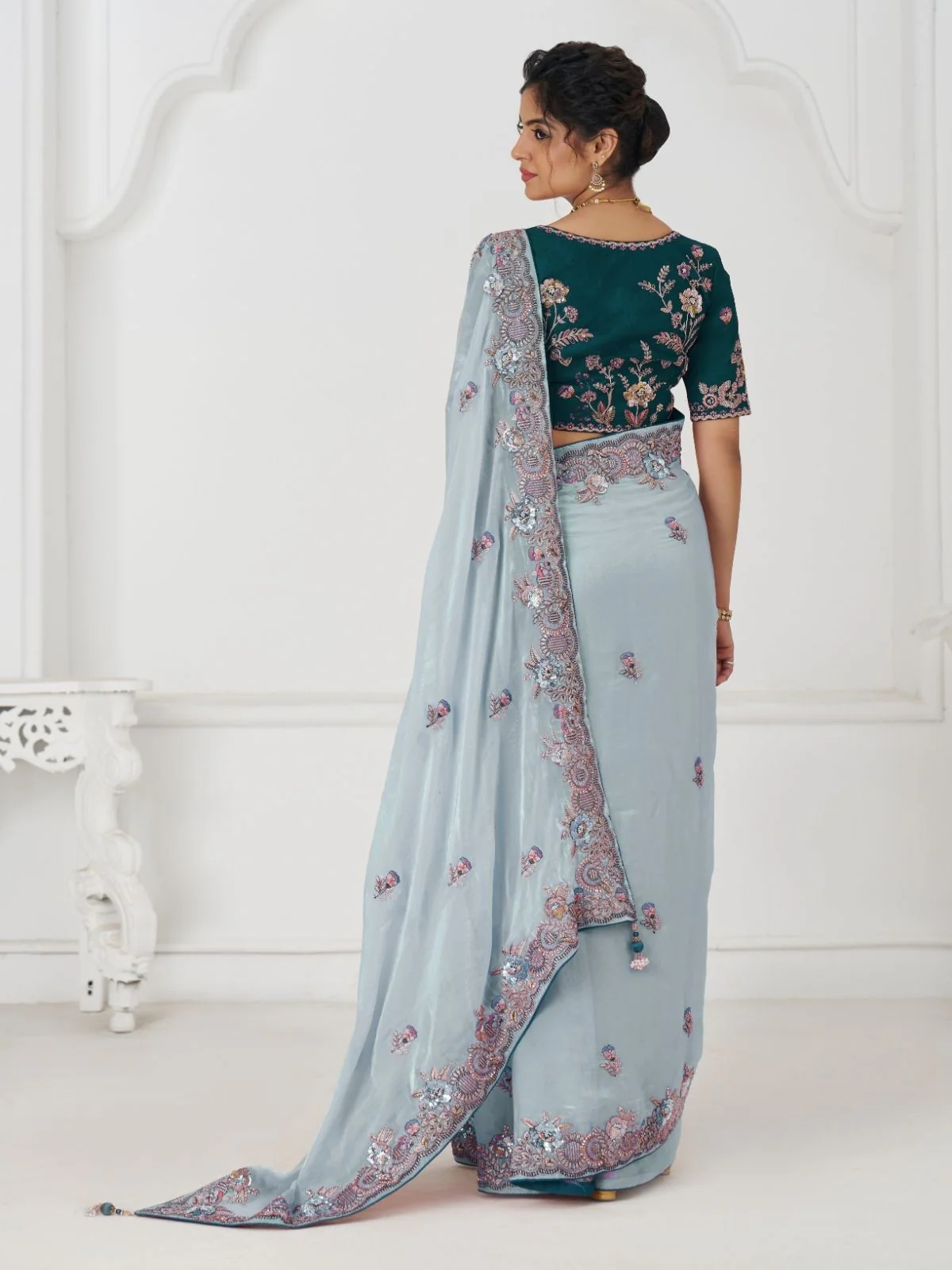 Odette Sky Blue Viscose Silk Embroidered Saree For Women - Image 5