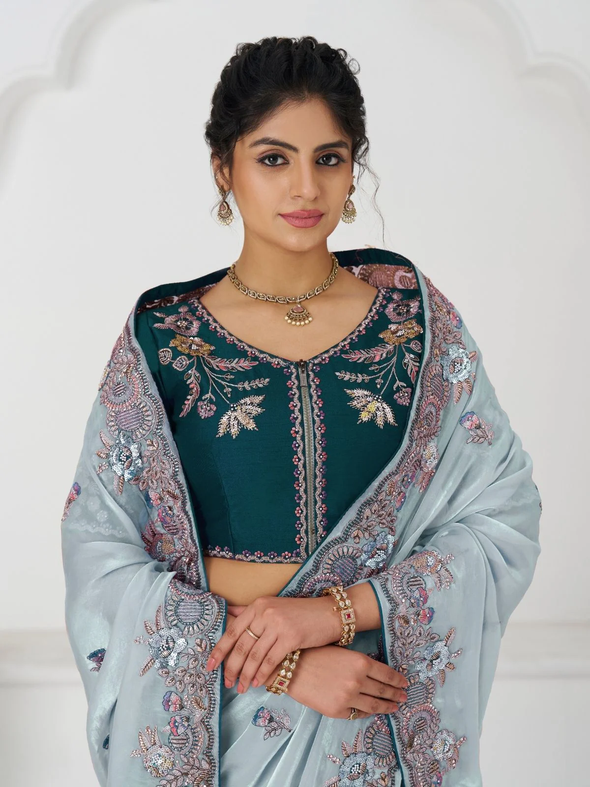 Odette Sky Blue Viscose Silk Embroidered Saree For Women - Image 6
