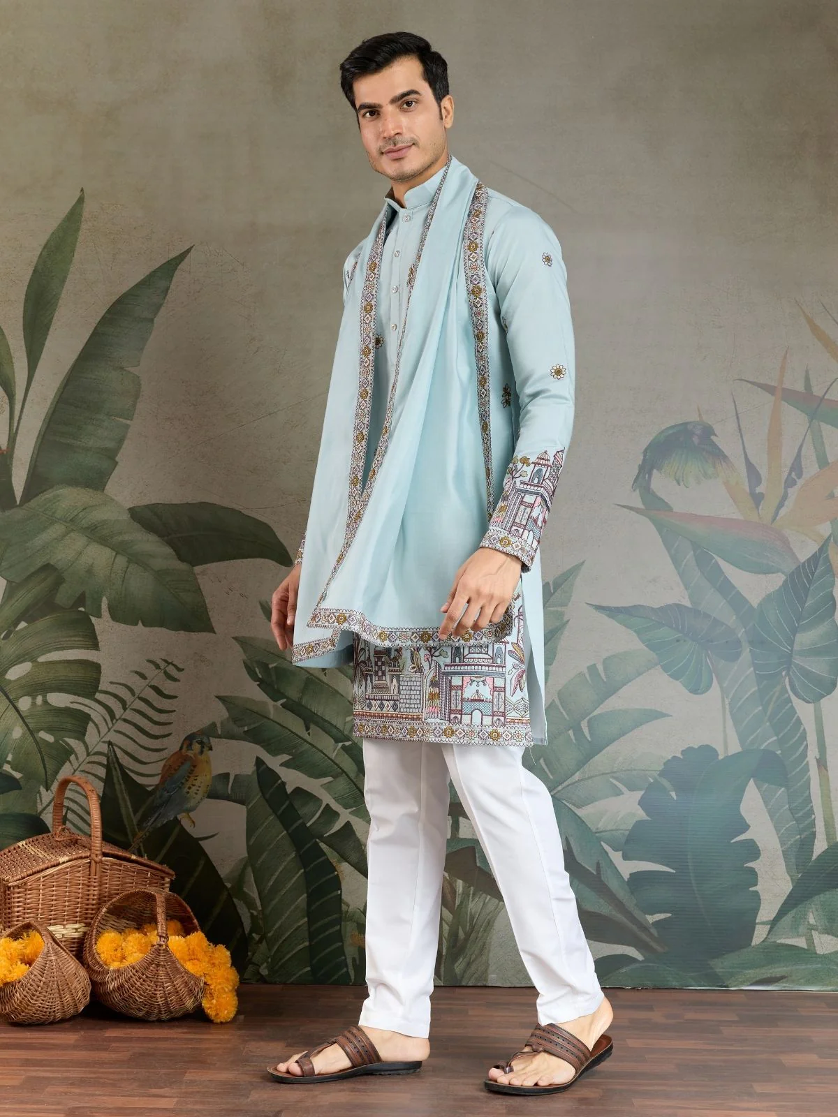 Odette Sky Blue Viscose Silk Embroidered Stitched Kurta For Men - Image 2