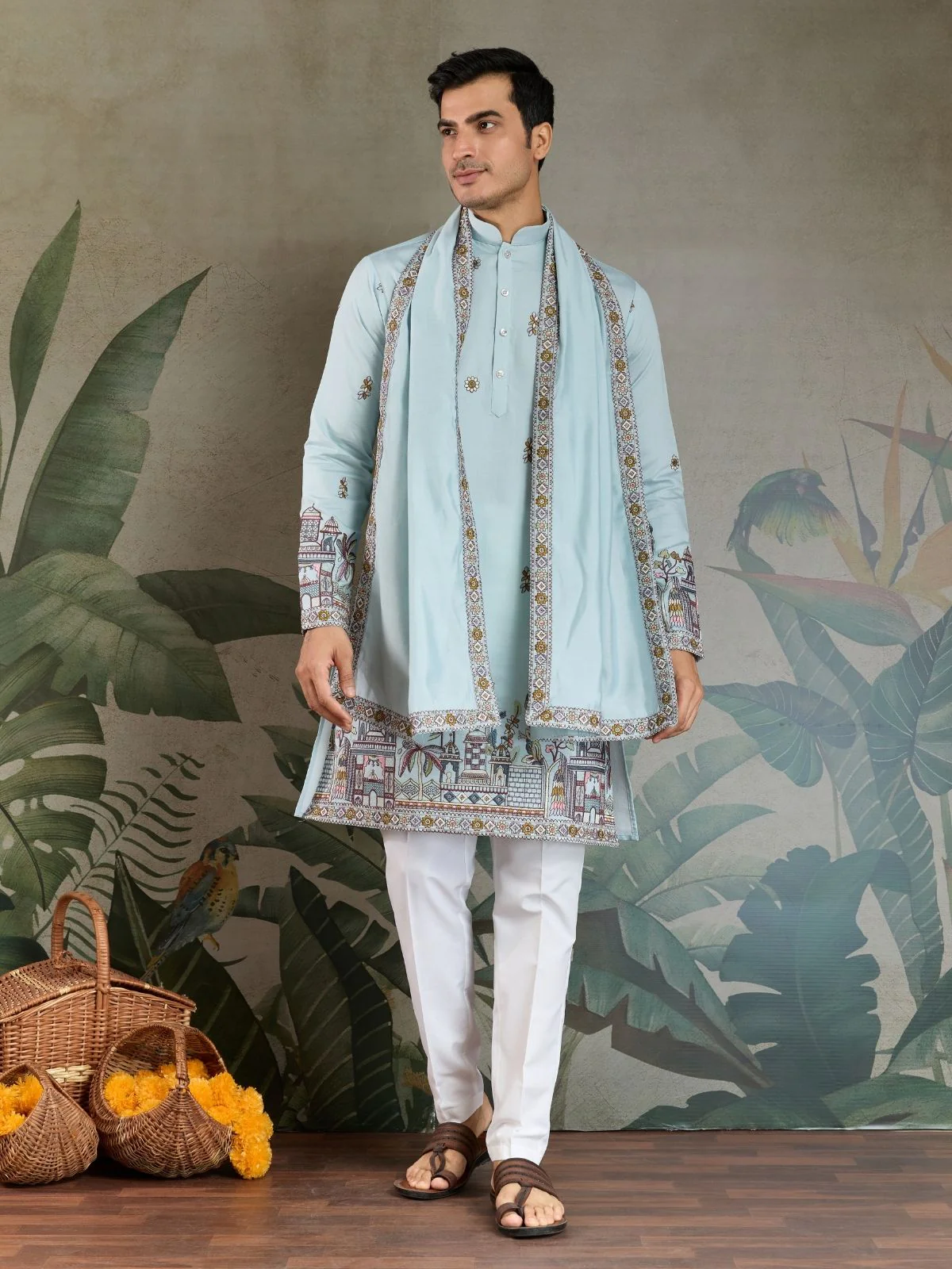 Odette Sky Blue Viscose Silk Embroidered Stitched Kurta For Men - Image 3