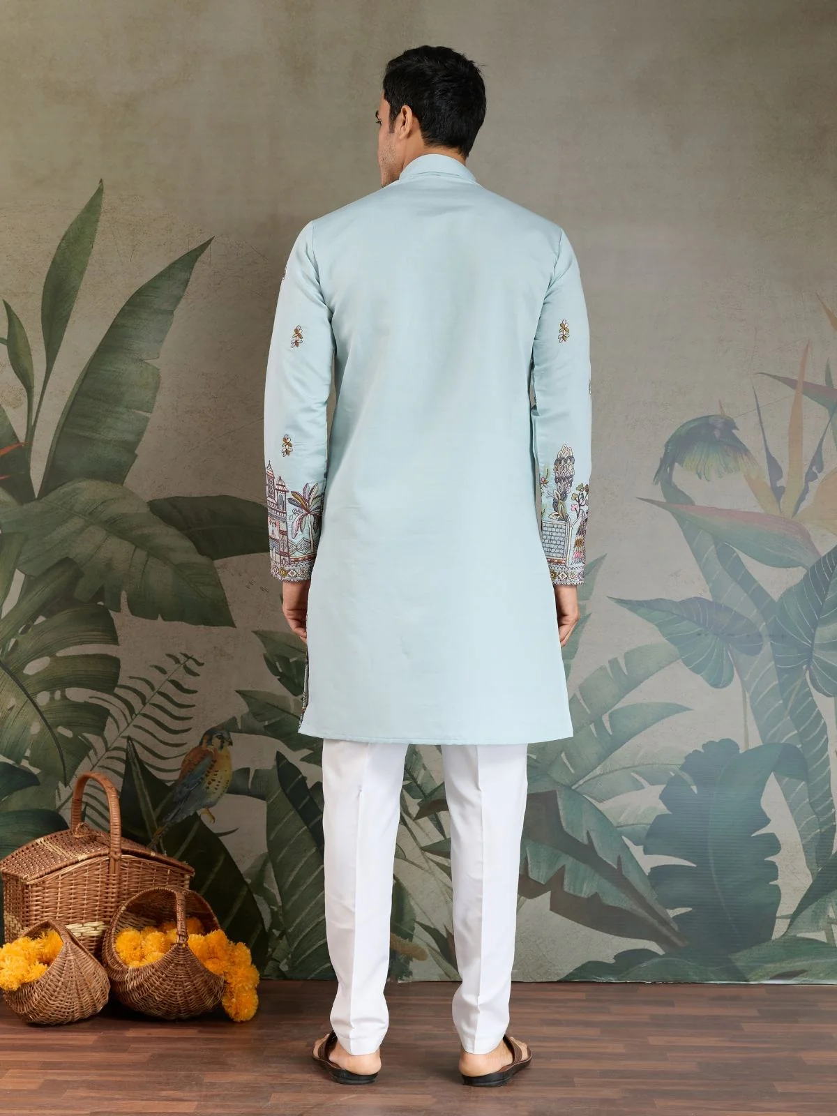 Odette Sky Blue Viscose Silk Embroidered Stitched Kurta For Men - Image 5