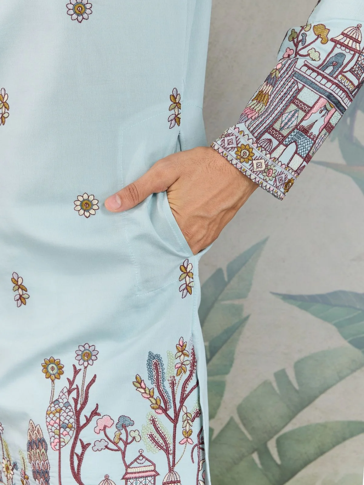 Odette Sky Blue Viscose Silk Embroidered Stitched Kurta For Men - Image 7