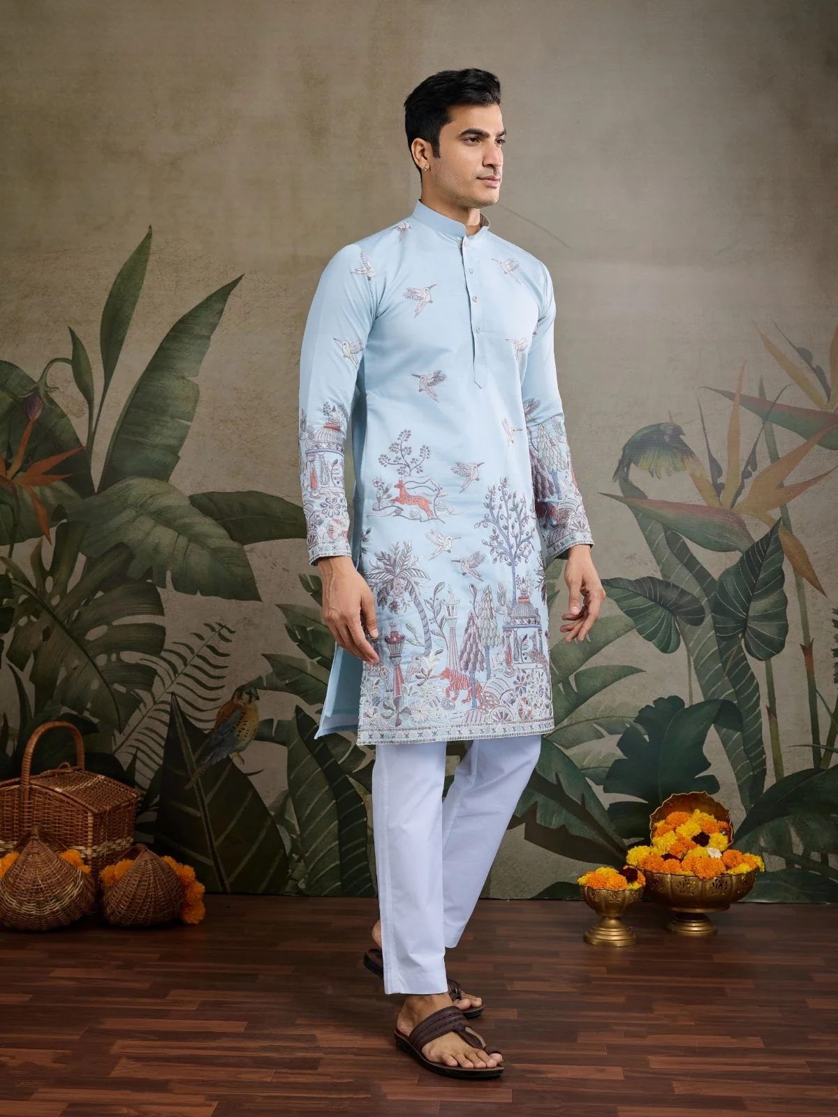 Odette Sky Blue Viscose Silk Embroidered Stitched Kurta For Men - Image 2