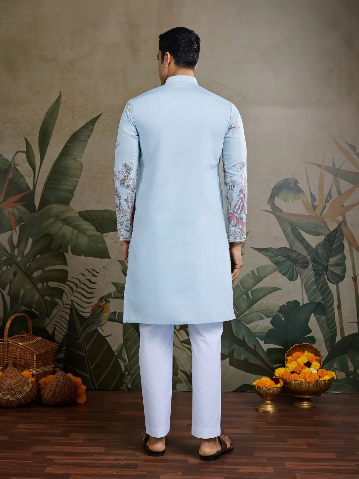 Odette Sky Blue Viscose Silk Embroidered Stitched Kurta For Men - Image 3