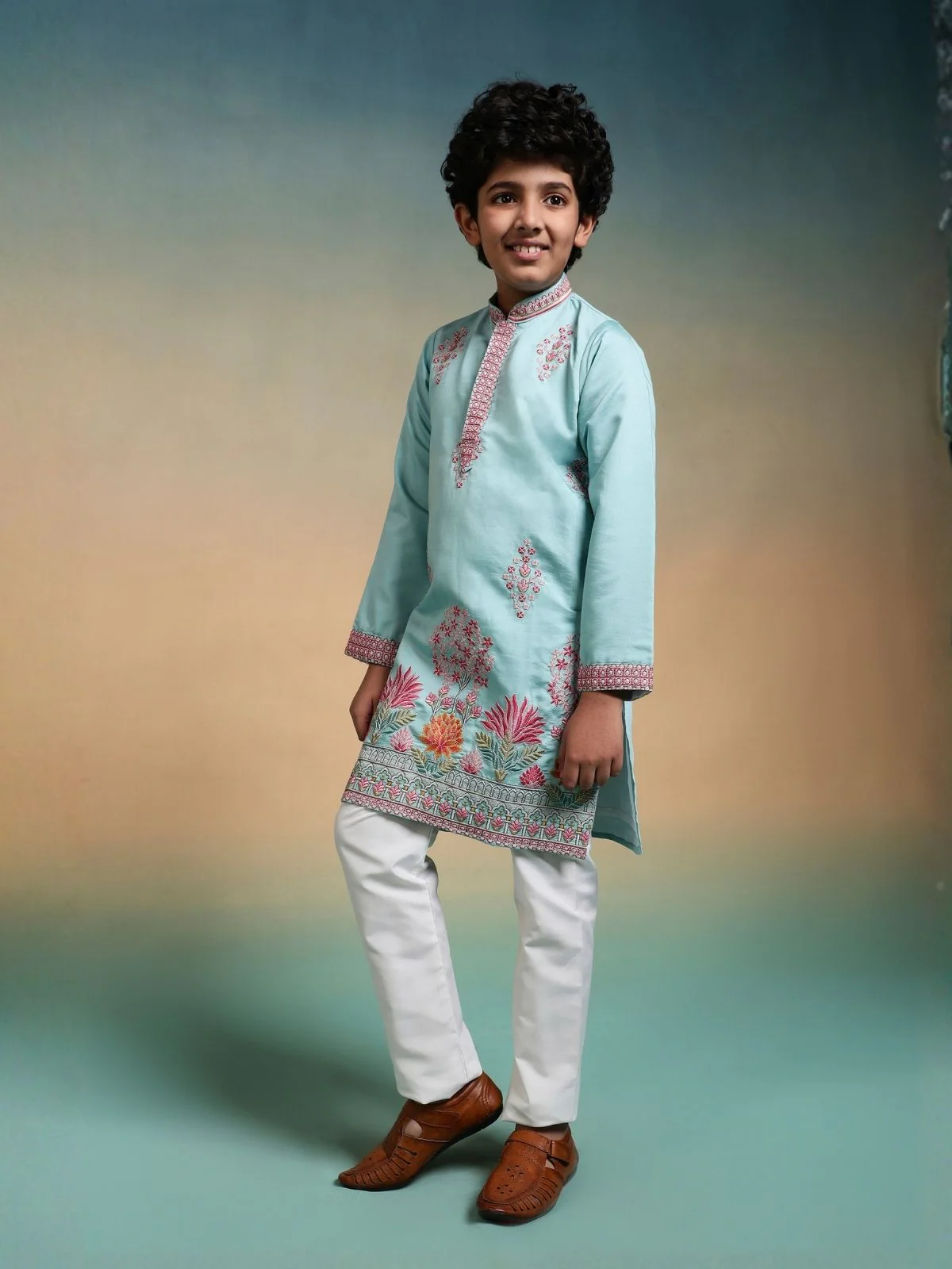 Odette Sky Blue Viscose Silk Embroidered Stitched Kurta Set For Kids - Image 2