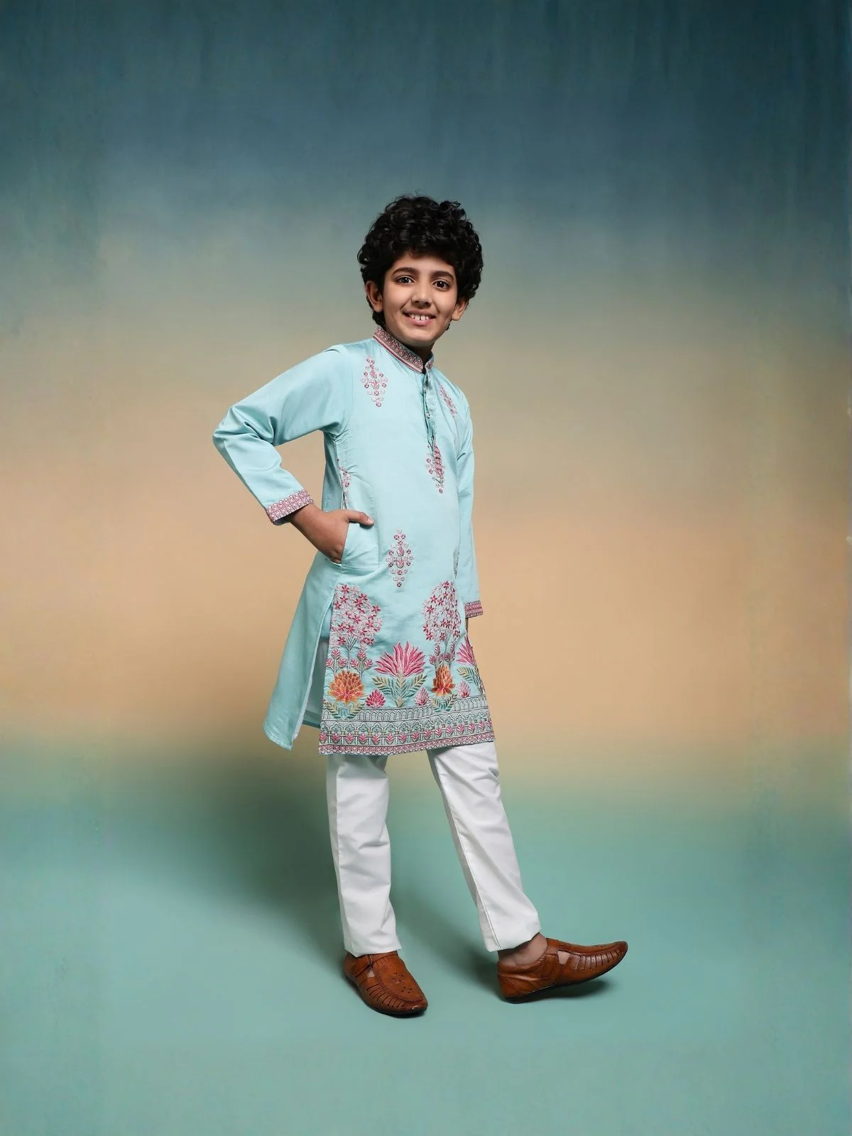 Odette Sky Blue Viscose Silk Embroidered Stitched Kurta Set For Kids - Image 3