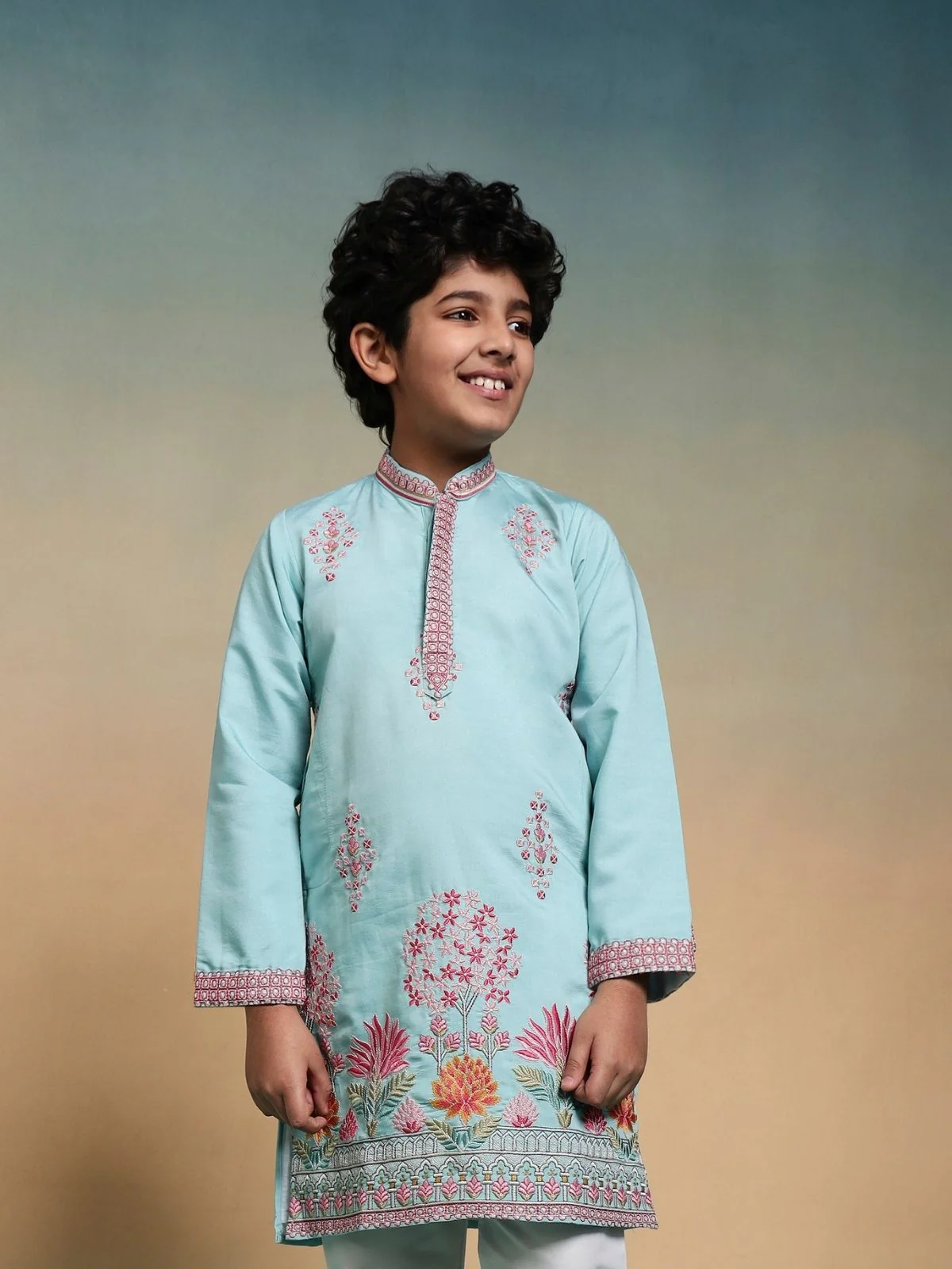 Odette Sky Blue Viscose Silk Embroidered Stitched Kurta Set For Kids - Image 5