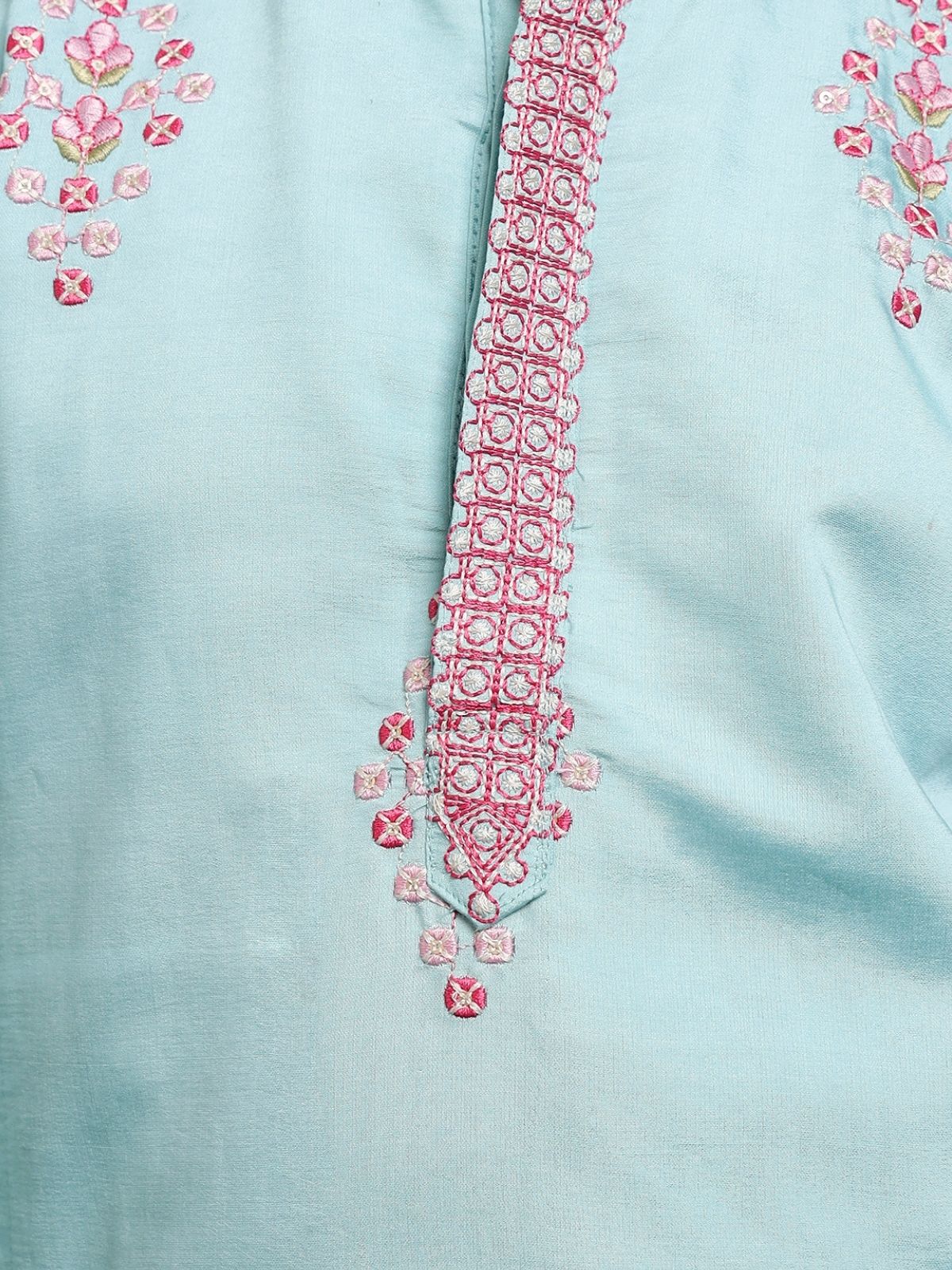 Odette Sky Blue Viscose Silk Embroidered Stitched Kurta Set For Kids - Image 6
