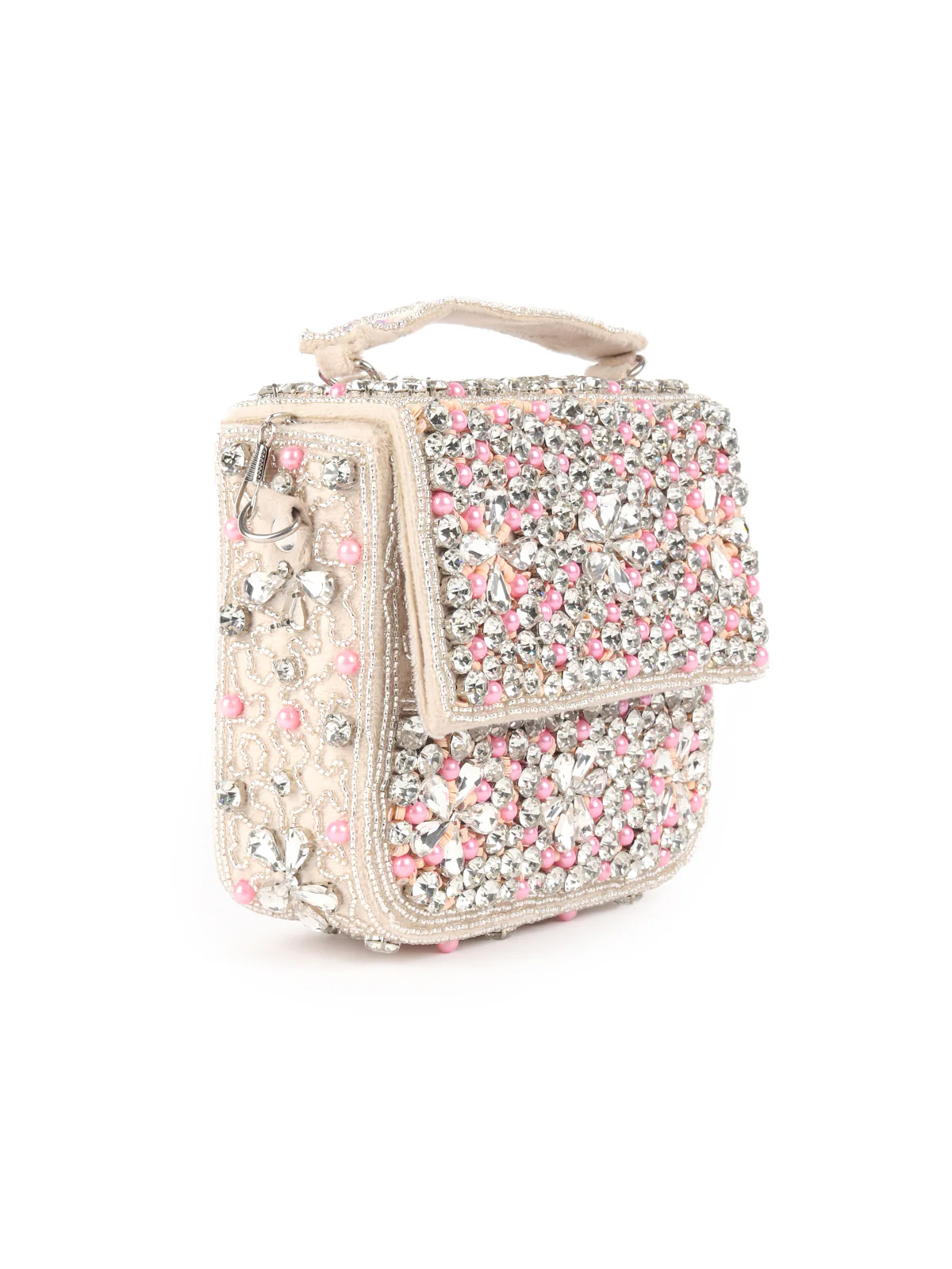 Odette Statement Ornate Beige and Pink Embellished Bridal Clutch For Women - Image 4