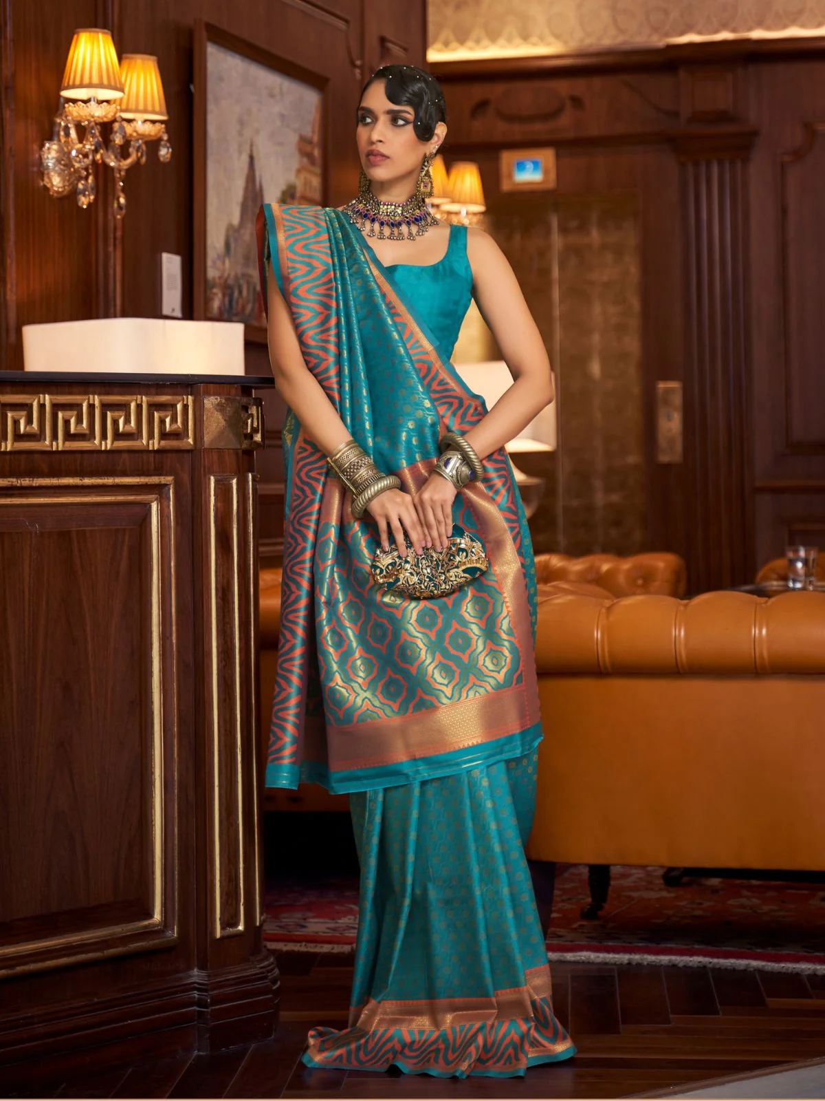 Odette Teal Woven Design Silk Blend Saree With Unstitched Blouse For Women - Image 2