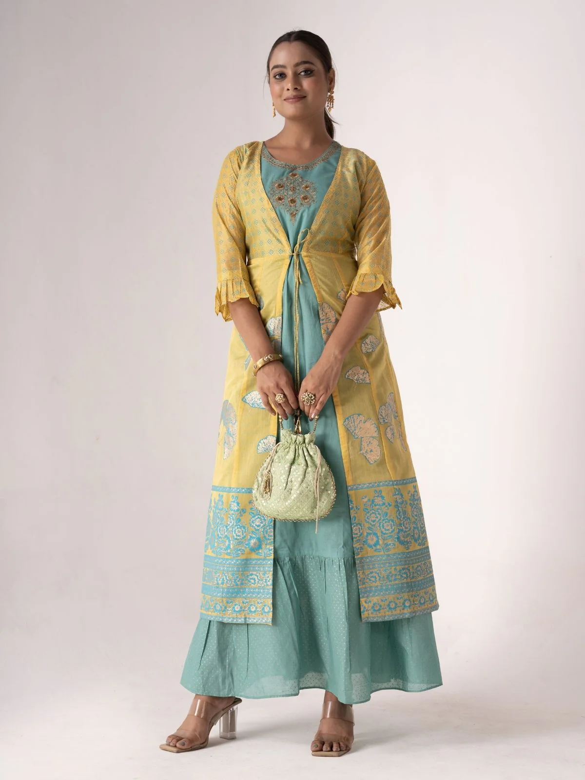 Odette Teal Art Silk Designer Embroidered Semi-Stitched Kurta With Shrug For Women - Image 2
