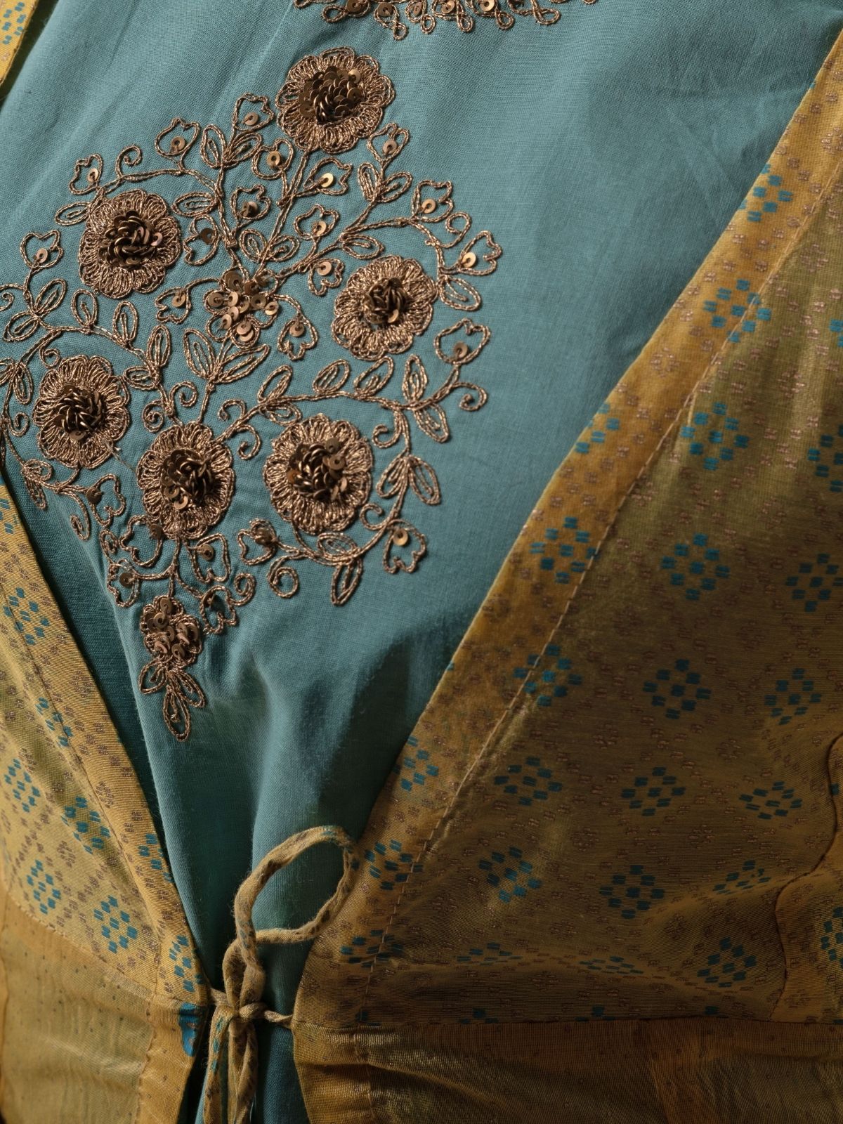 Odette Teal Art Silk Designer Embroidered Semi-Stitched Kurta With Shrug For Women - Image 6