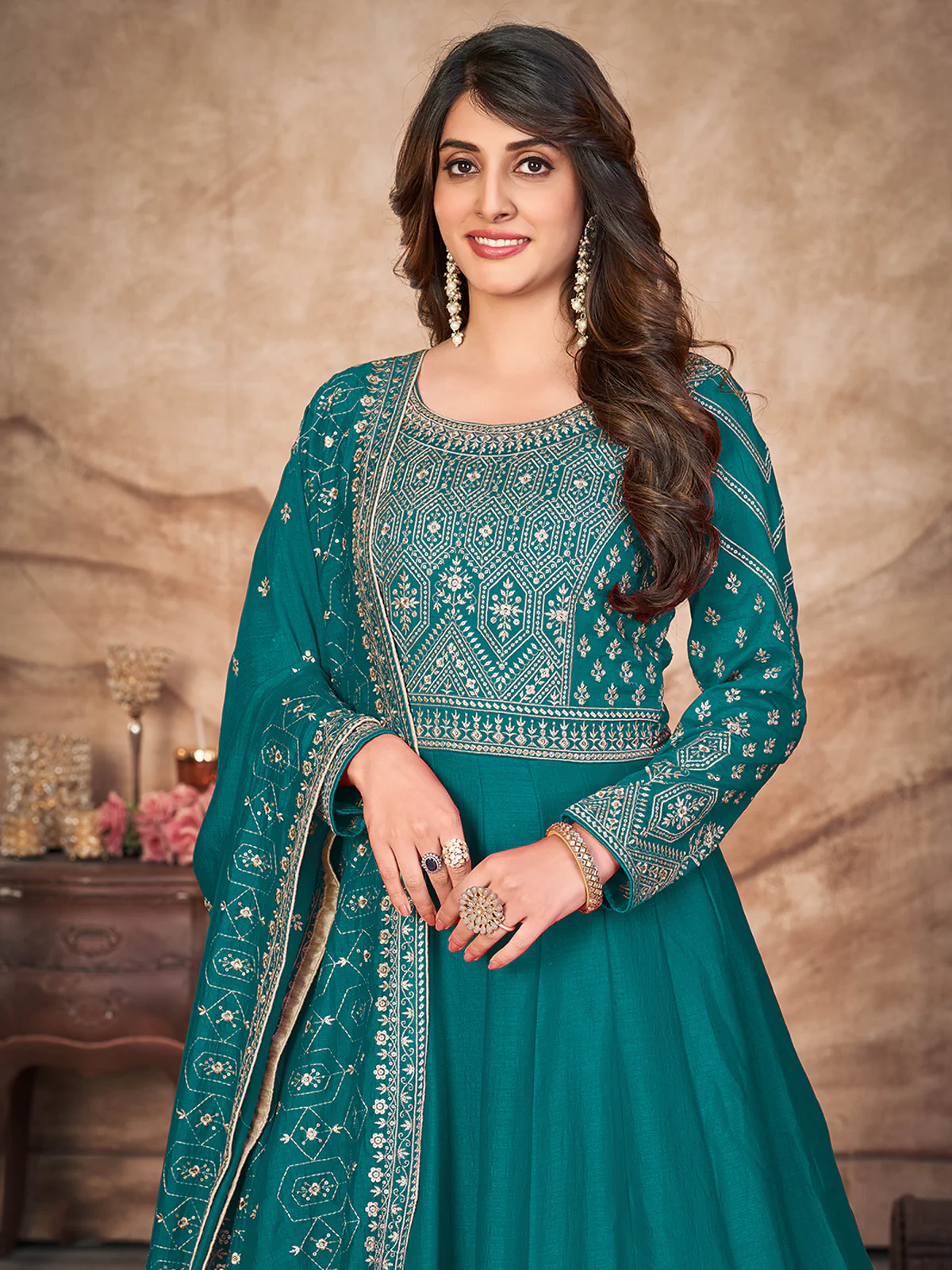 Odette Teal Art Silk Embroidered Semi stitched Kurta Set For Women - Image 3