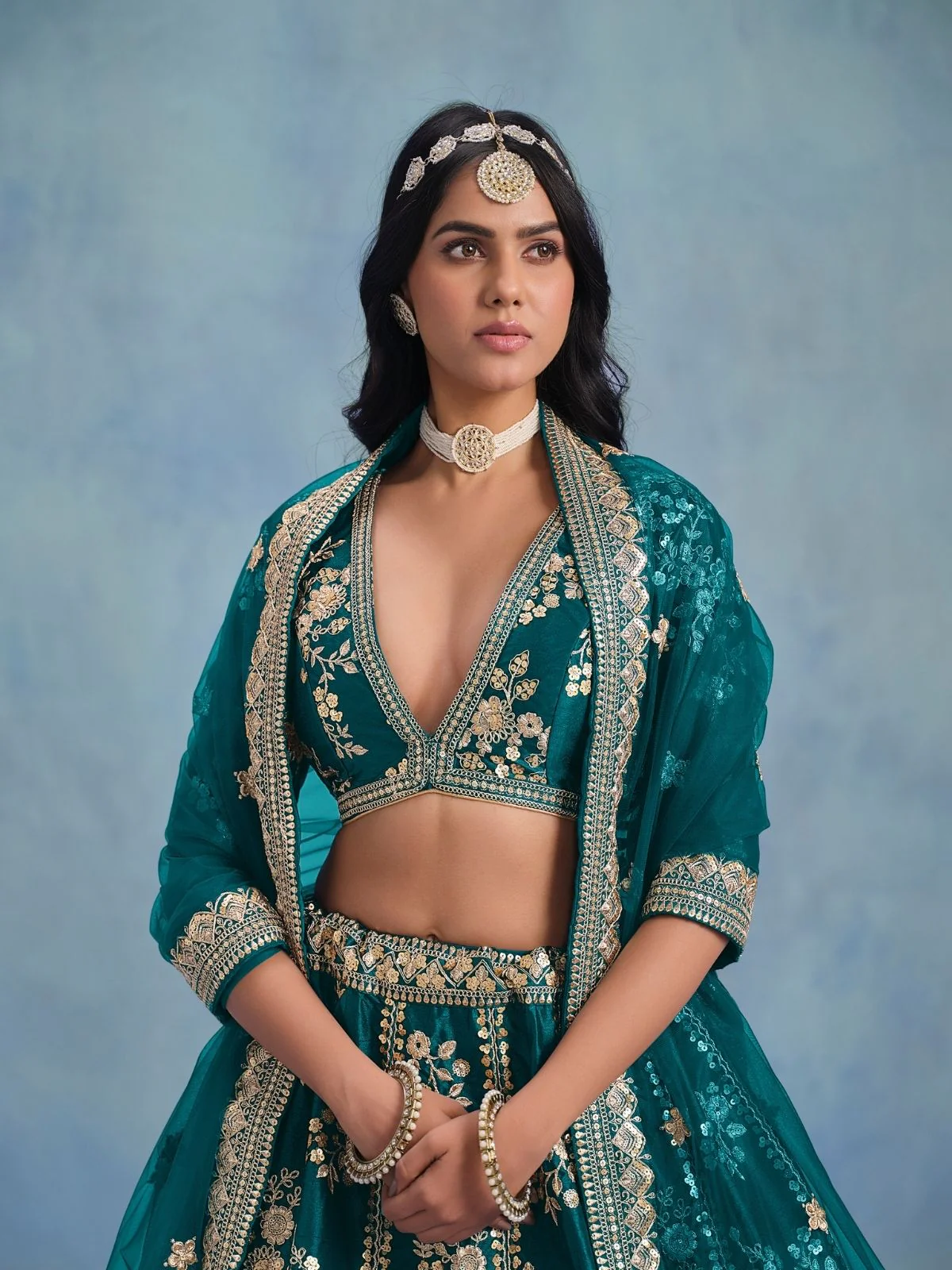 Odette Teal Art Silk Embroidered Semi-Stitched lehenga For Women - Image 3