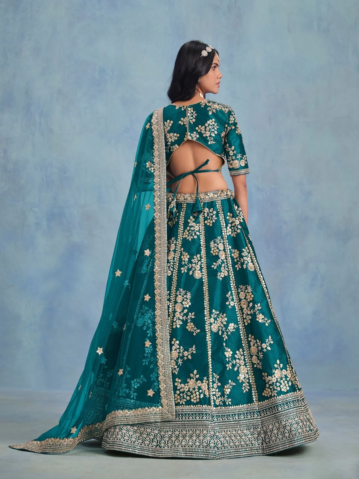 Odette Teal Art Silk Embroidered Semi-Stitched lehenga For Women - Image 4