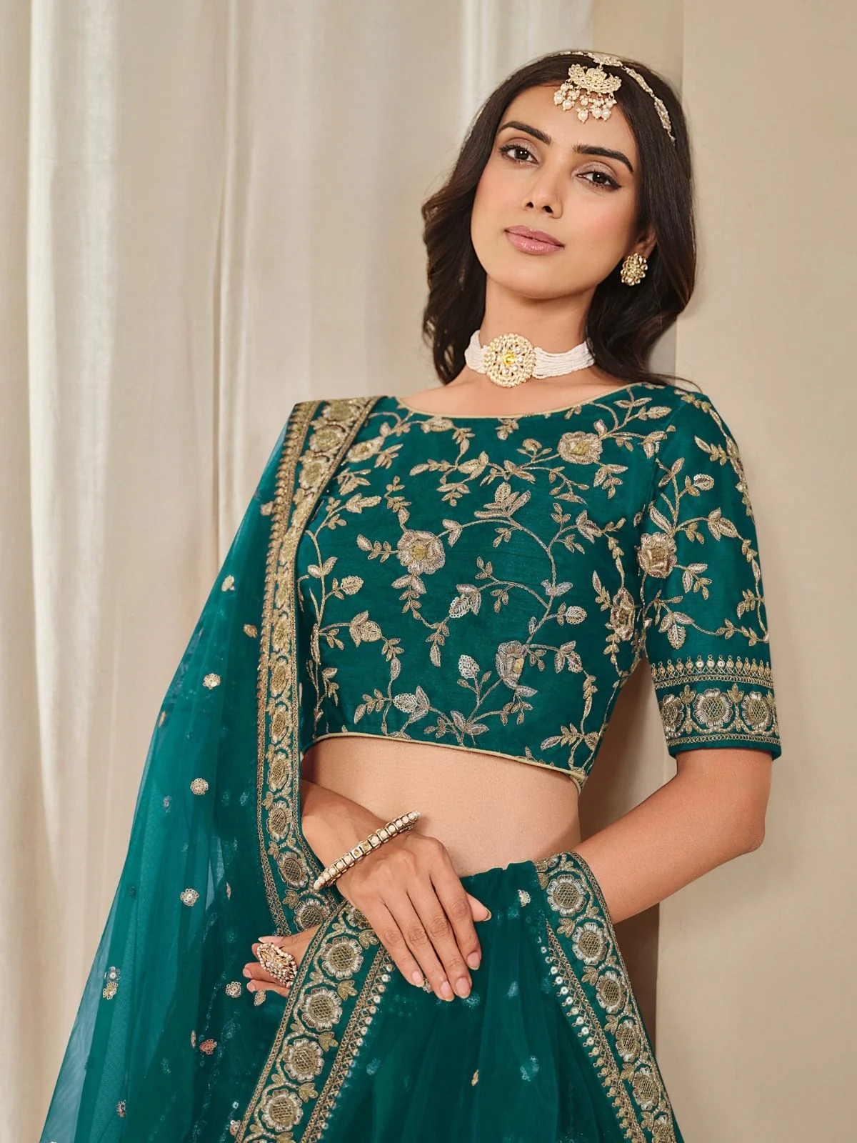 Odette Teal Art Silk Embroidered Semi-Stitched lehenga For Women - Image 3