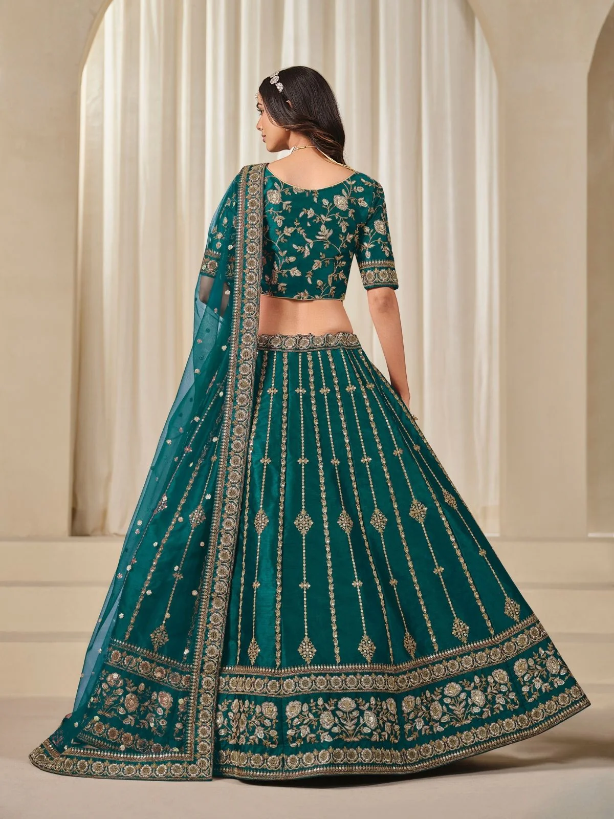 Odette Teal Art Silk Embroidered Semi-Stitched lehenga For Women - Image 4