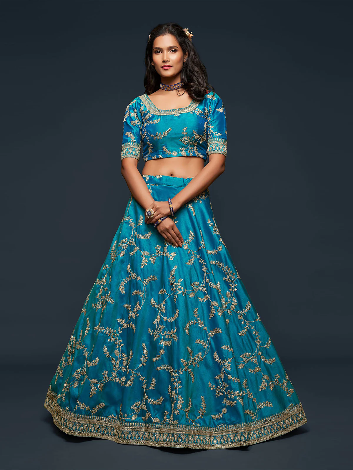 Odette Teal Art Silk Embroidered Semi Stitched Lehenga With Unstitched Blouse For Women - Image 2