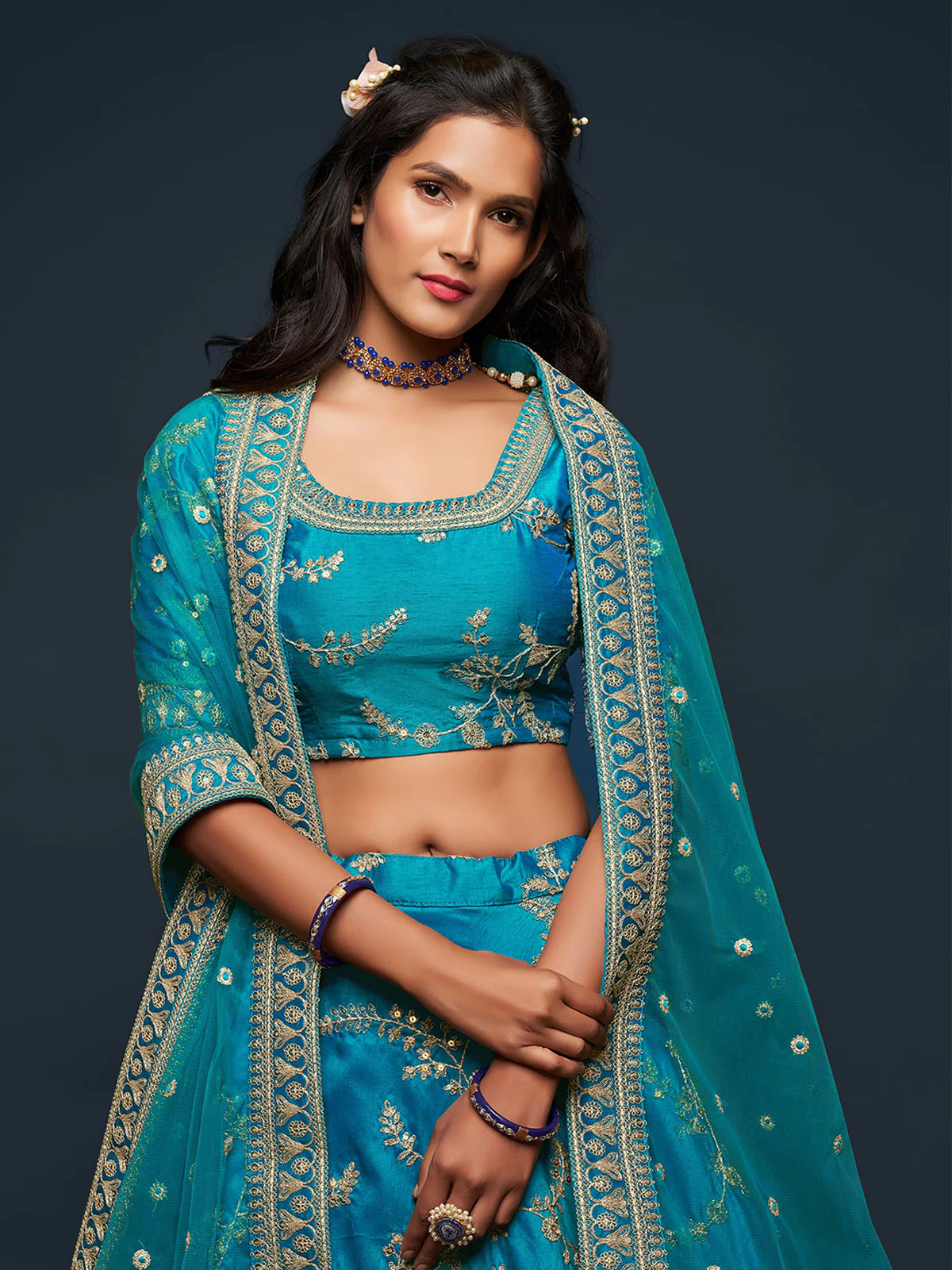Odette Teal Art Silk Embroidered Semi Stitched Lehenga With Unstitched Blouse For Women - Image 4