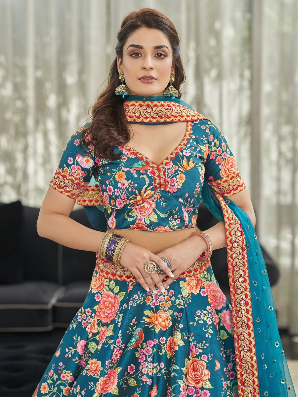 Odette Teal Art Silk Printed Semi Stitched Lehenga With Unstitched Blouse For Women - Image 3