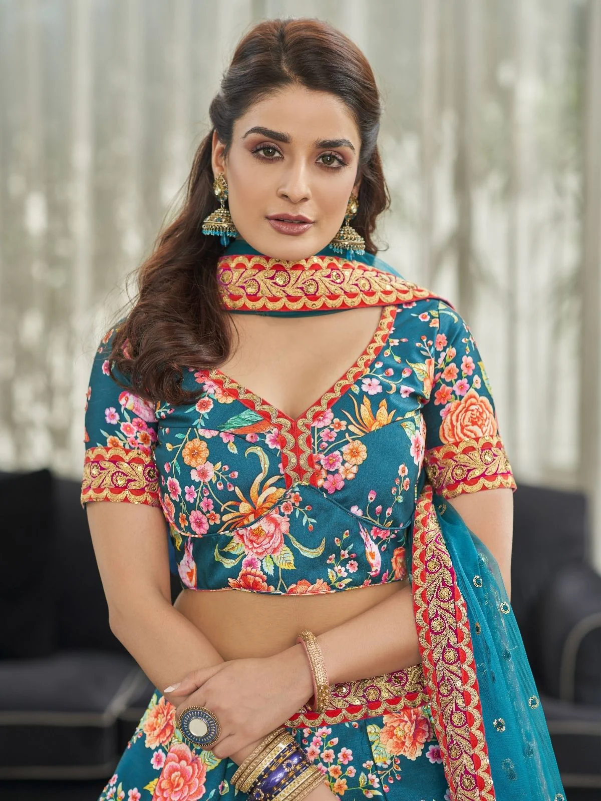 Odette Teal Art Silk Printed Semi Stitched Lehenga With Unstitched Blouse For Women - Image 4