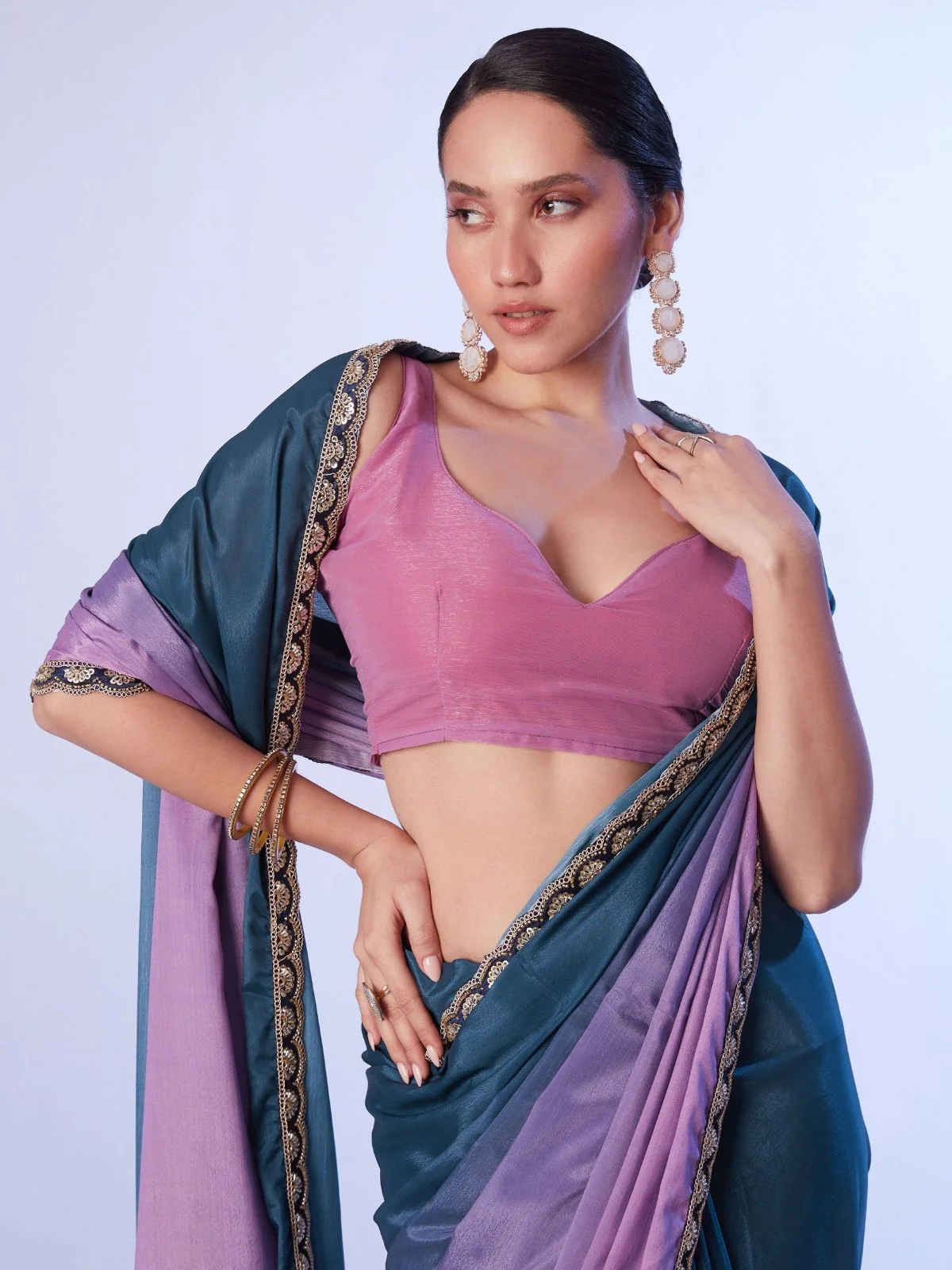 Odette Teal Blue And Pink Chinon Lace Work Saree With Unstitched Blouse For Women - Image 4