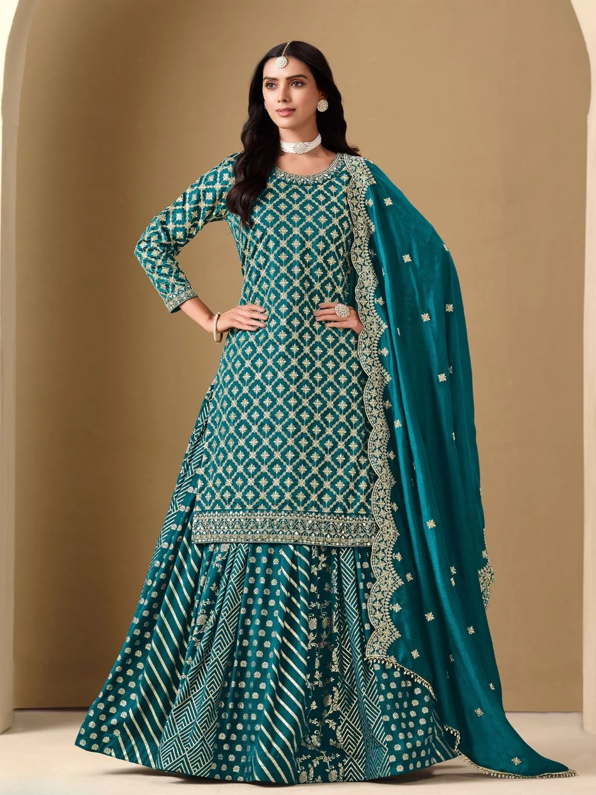 Odette Teal Art Silk Embroidered Semi-Stiched Kurta Set For Women - Image 2