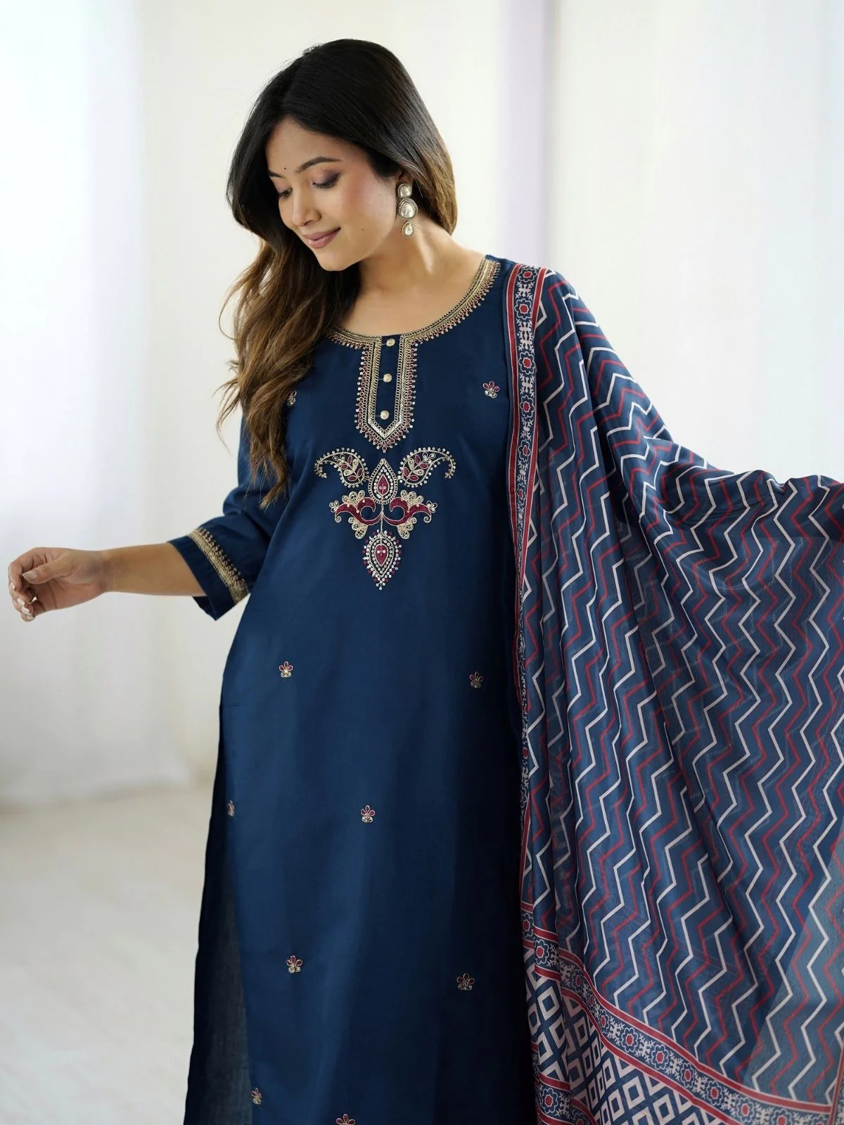 Odette Teal Blue Chanderi Embriodered Stitched Kurta Set For Women - Image 3