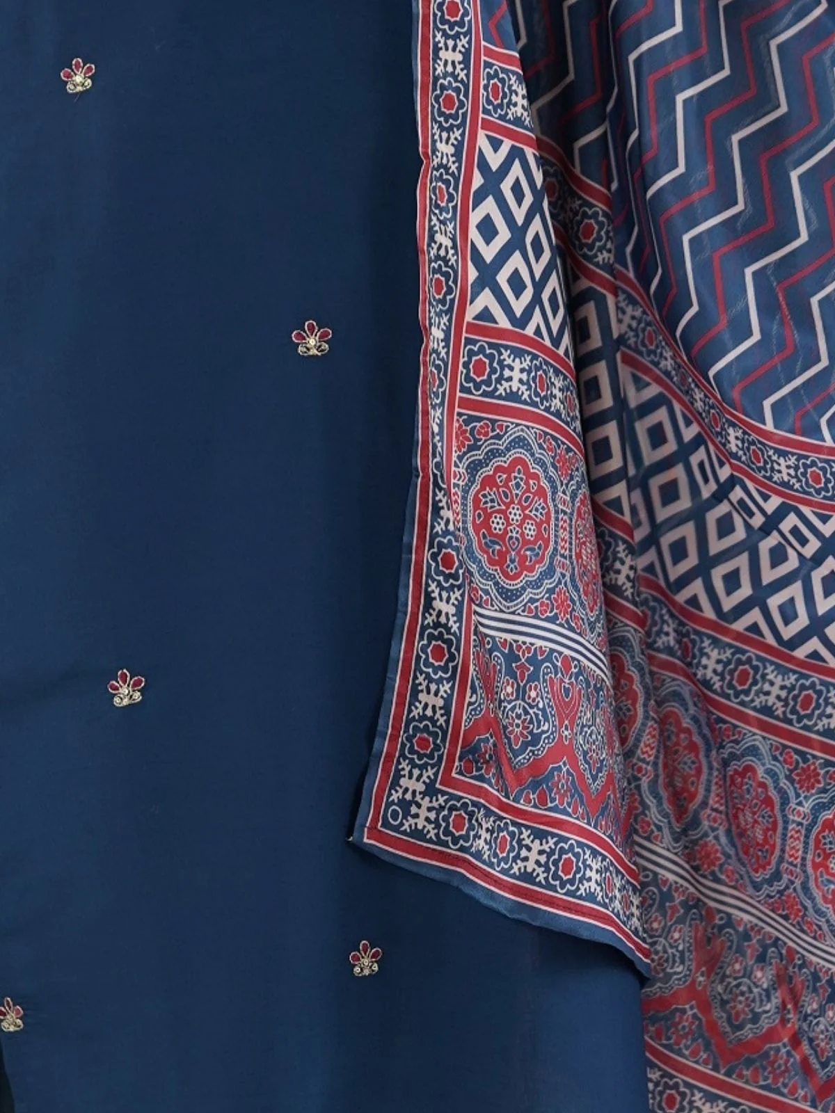 Odette Teal Blue Chanderi Embriodered Stitched Kurta Set For Women - Image 4