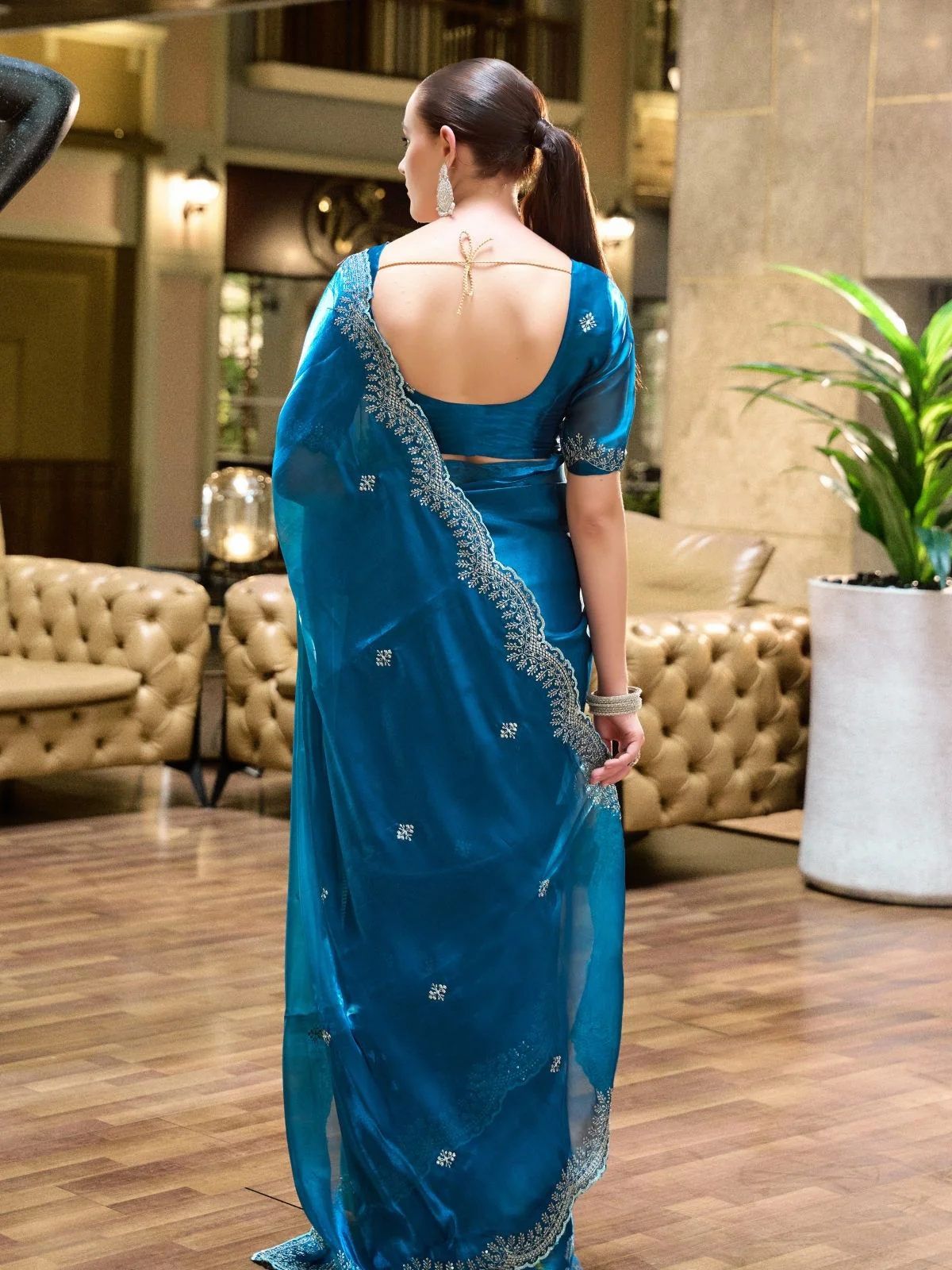 Odette Teal Blue Chiffon Embellished Saree For Women - Image 3
