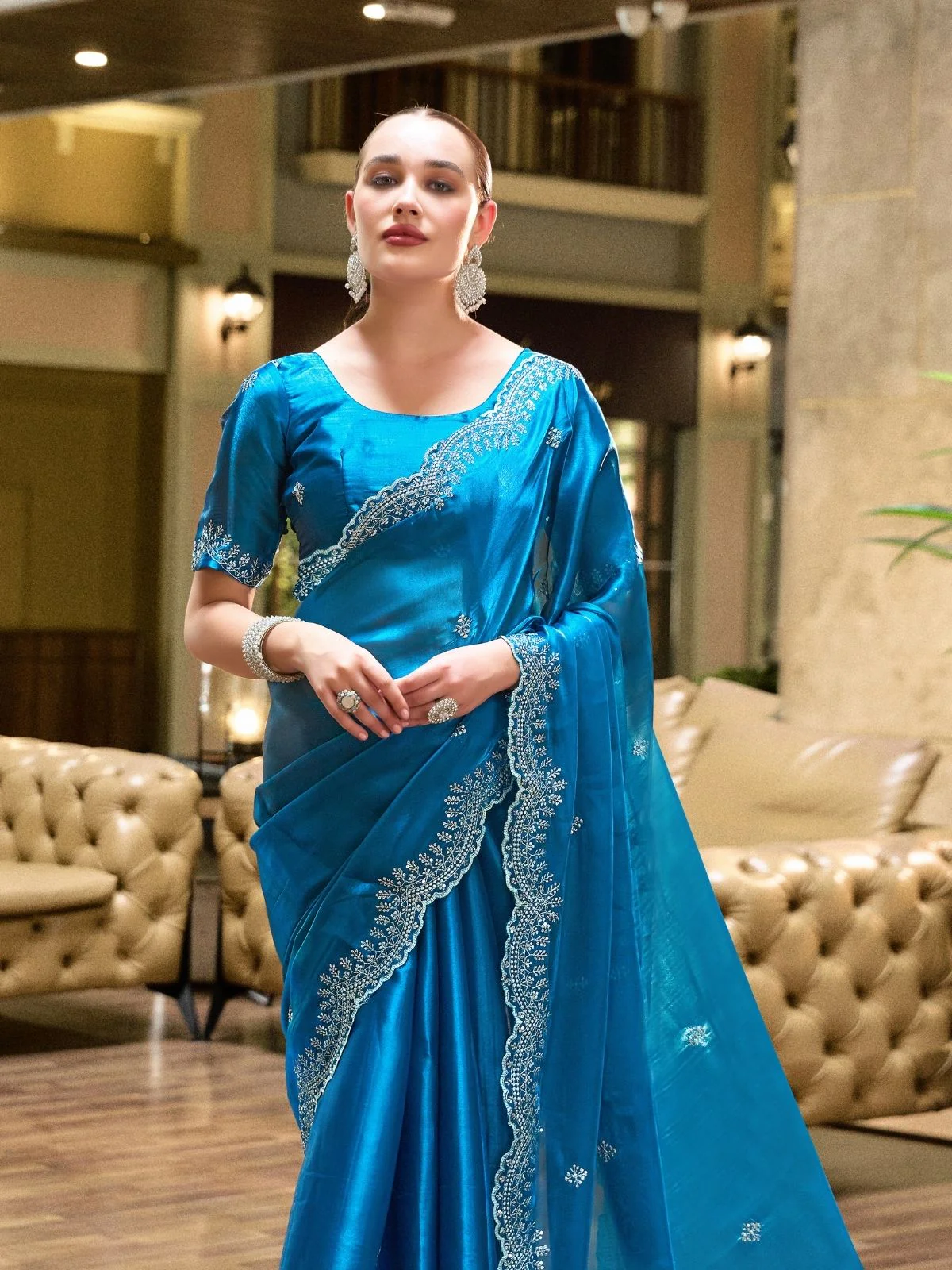 Odette Teal Blue Chiffon Embellished Saree For Women - Image 4